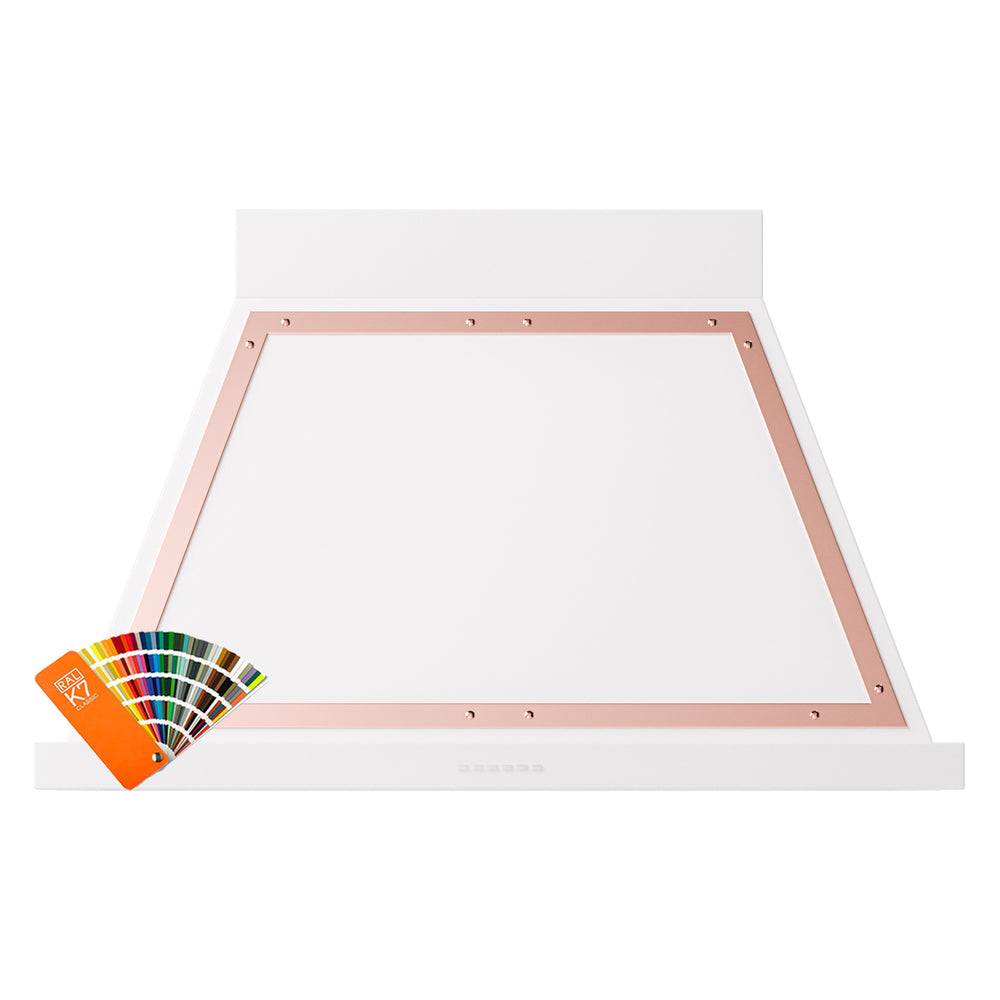 Wall-mounted range hood underside with copper trim and vent panel