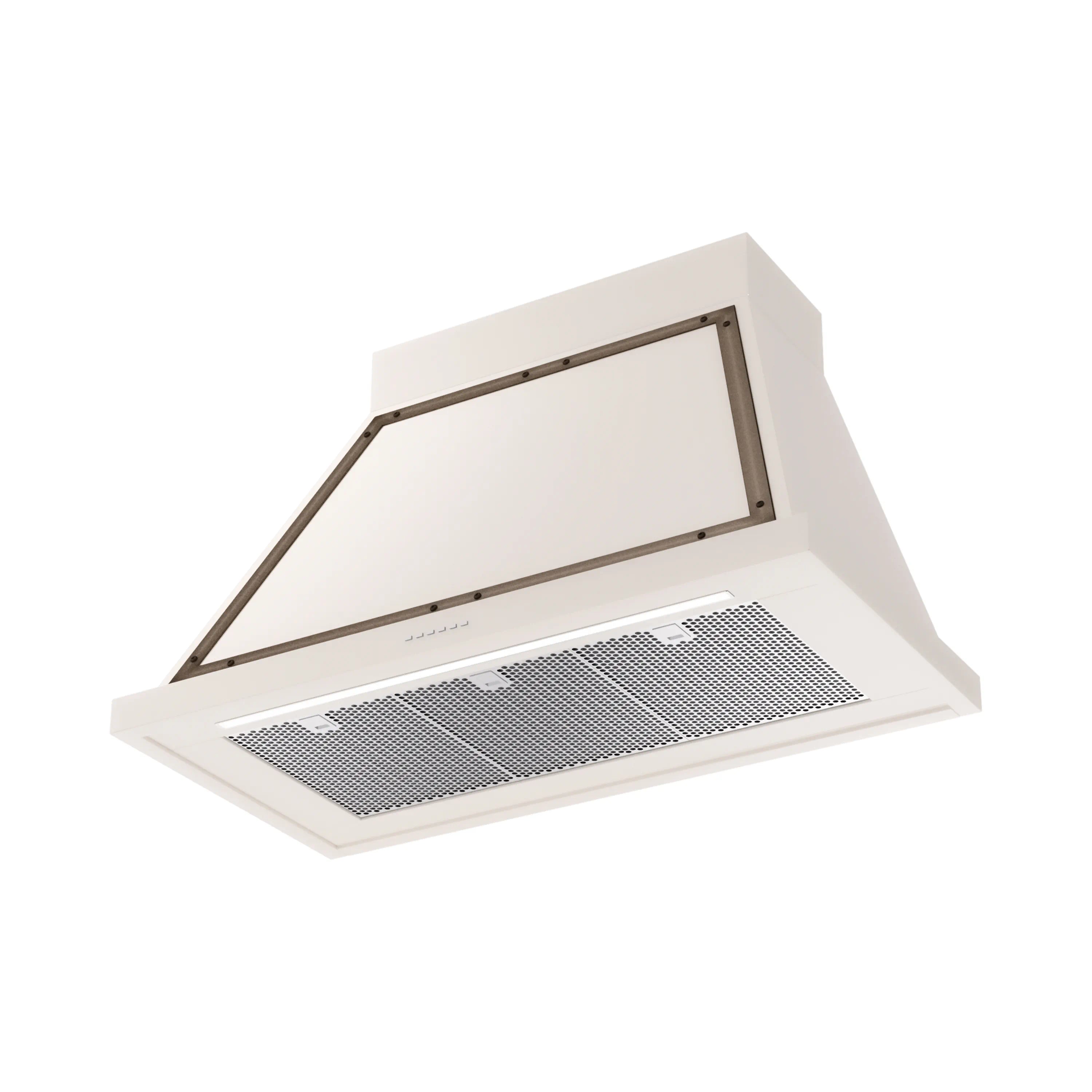 Antique white range hood with bronze trim, front mesh grease filter panel