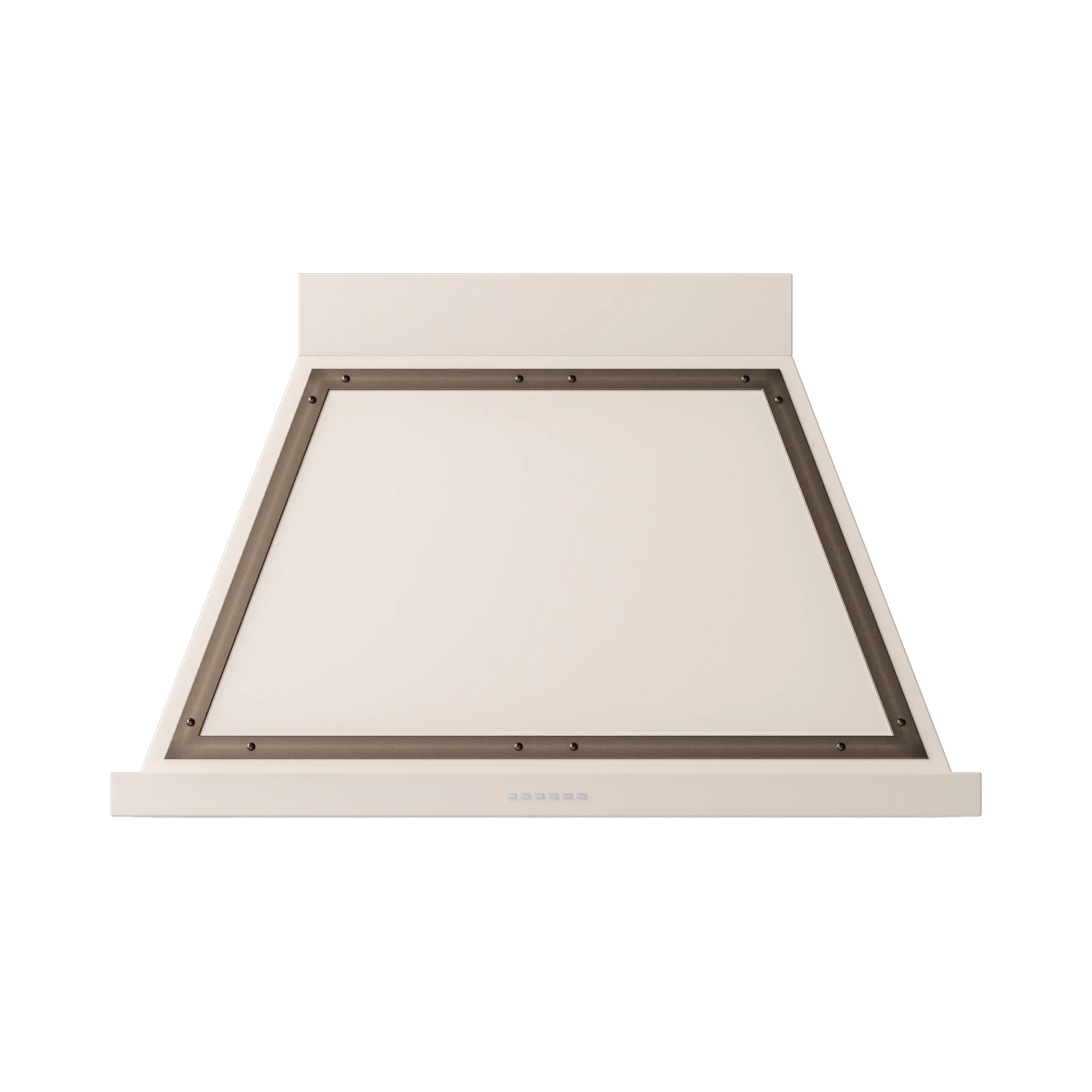 Antique white wall range hood with bronze trim, open underside and top frame