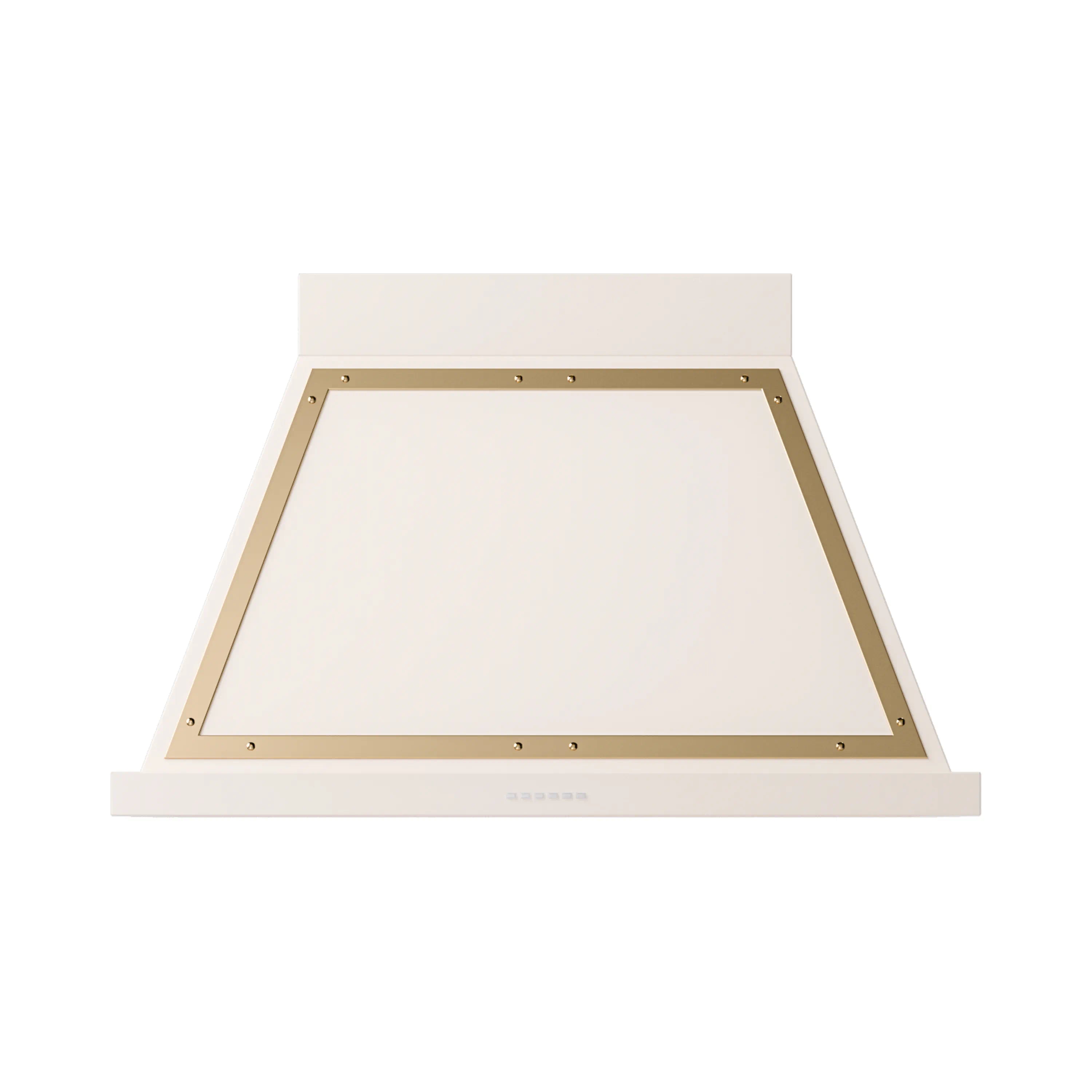 Wall-mounted range hood antique white with brass trim, viewed from inside opening