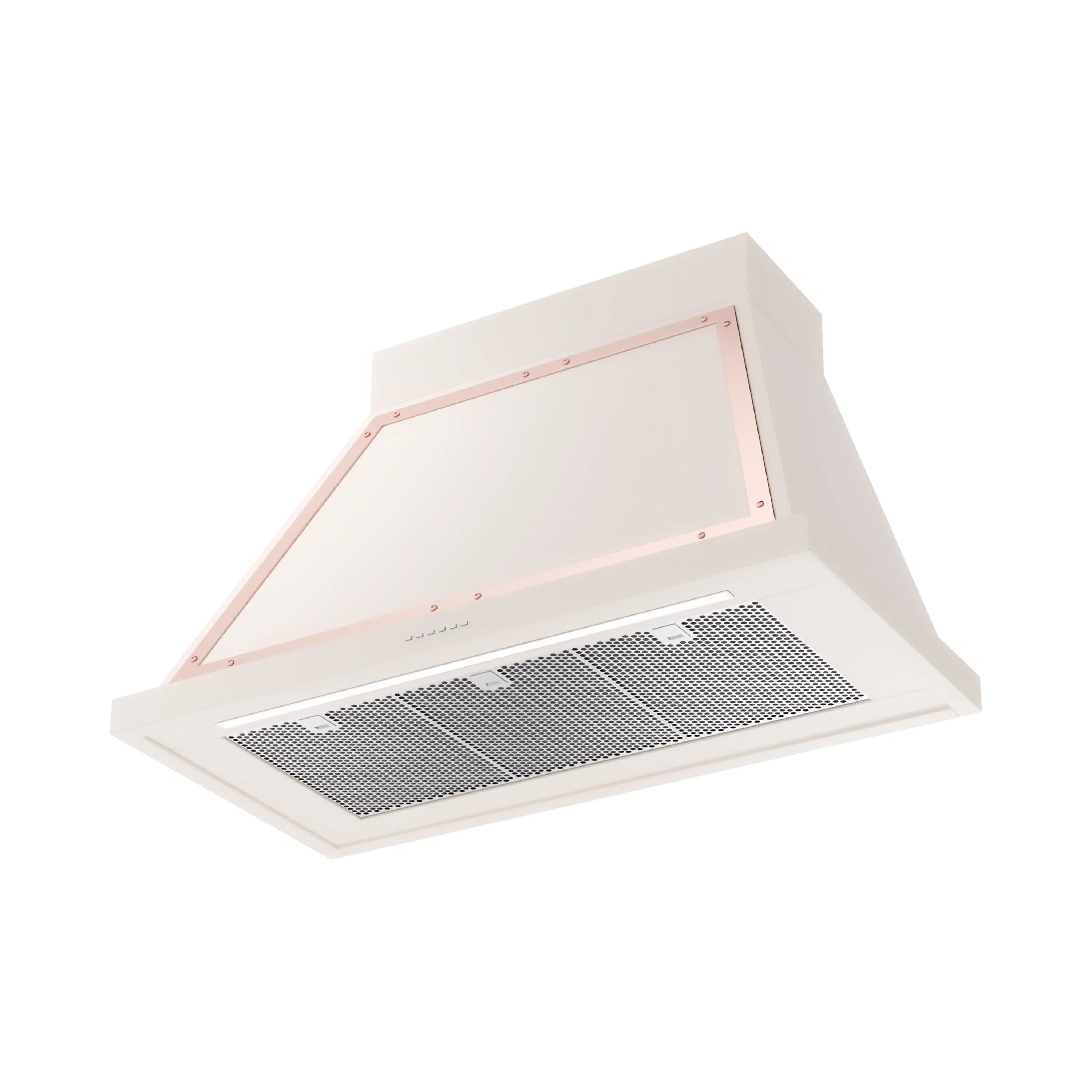 Antique white wall range hood with copper-trimmed bottom and stainless mesh filter