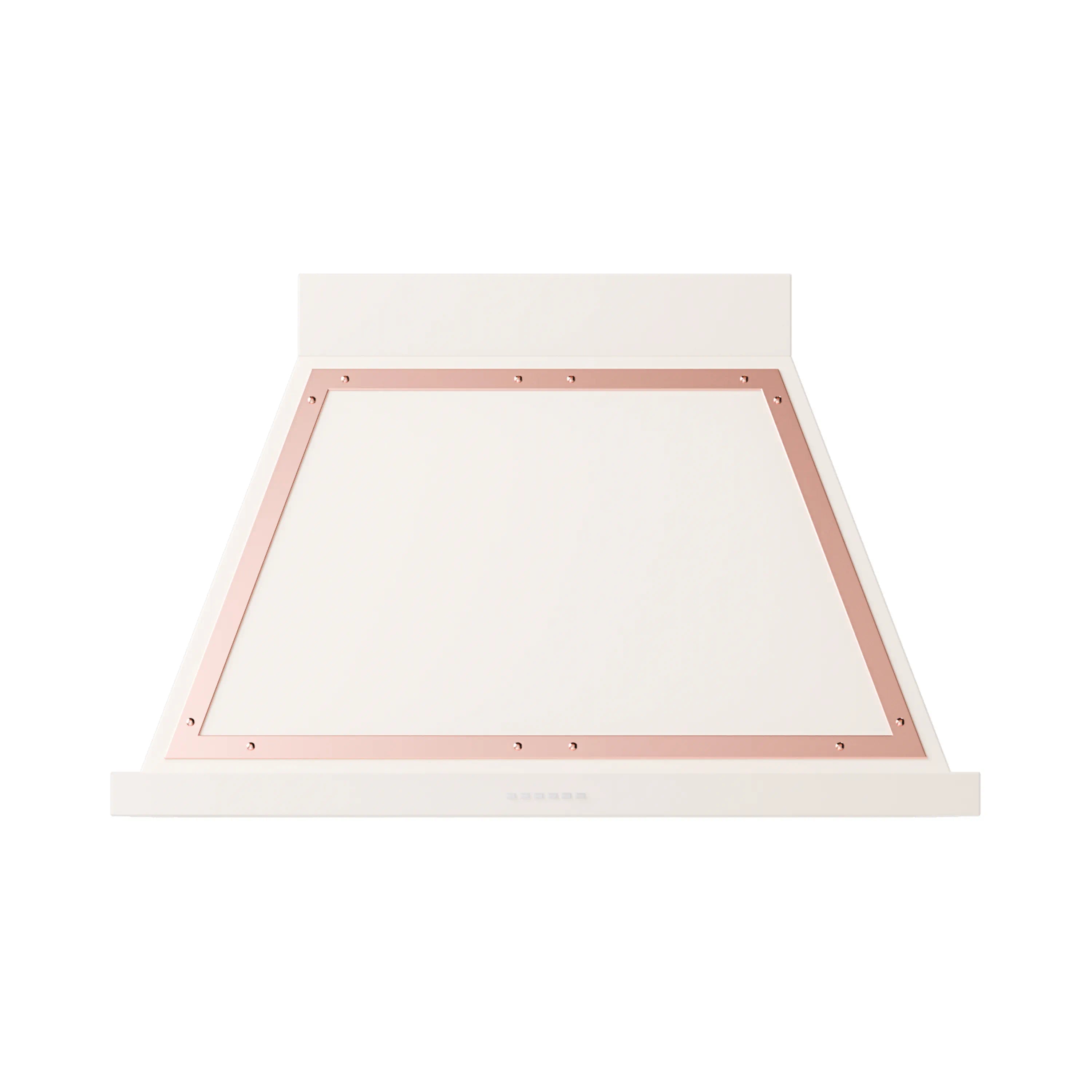 Wall mounted range hood front panel with copper trim and recessed underside opening