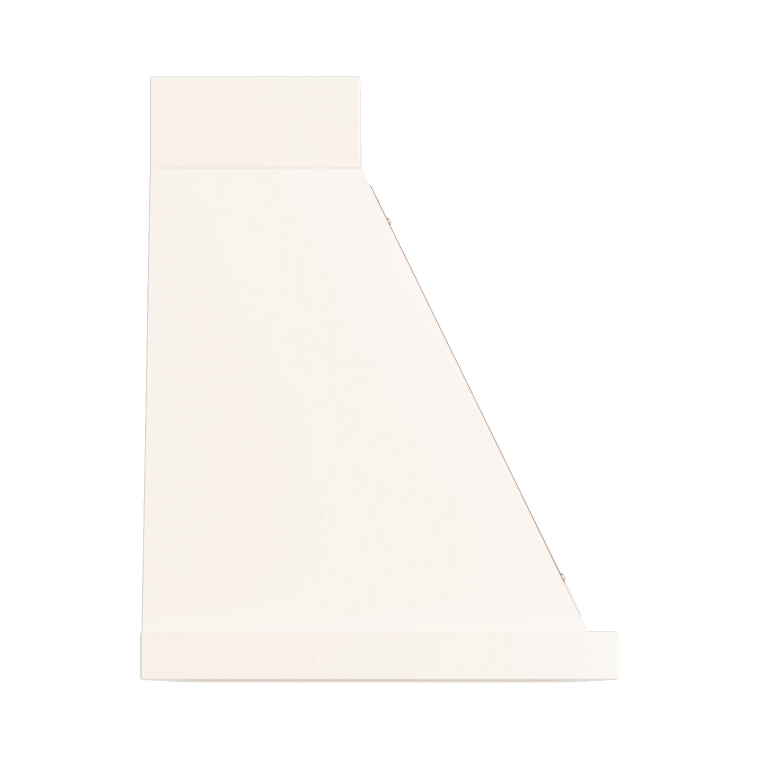 Antique white range hood chimney-style side profile with straight copper trim