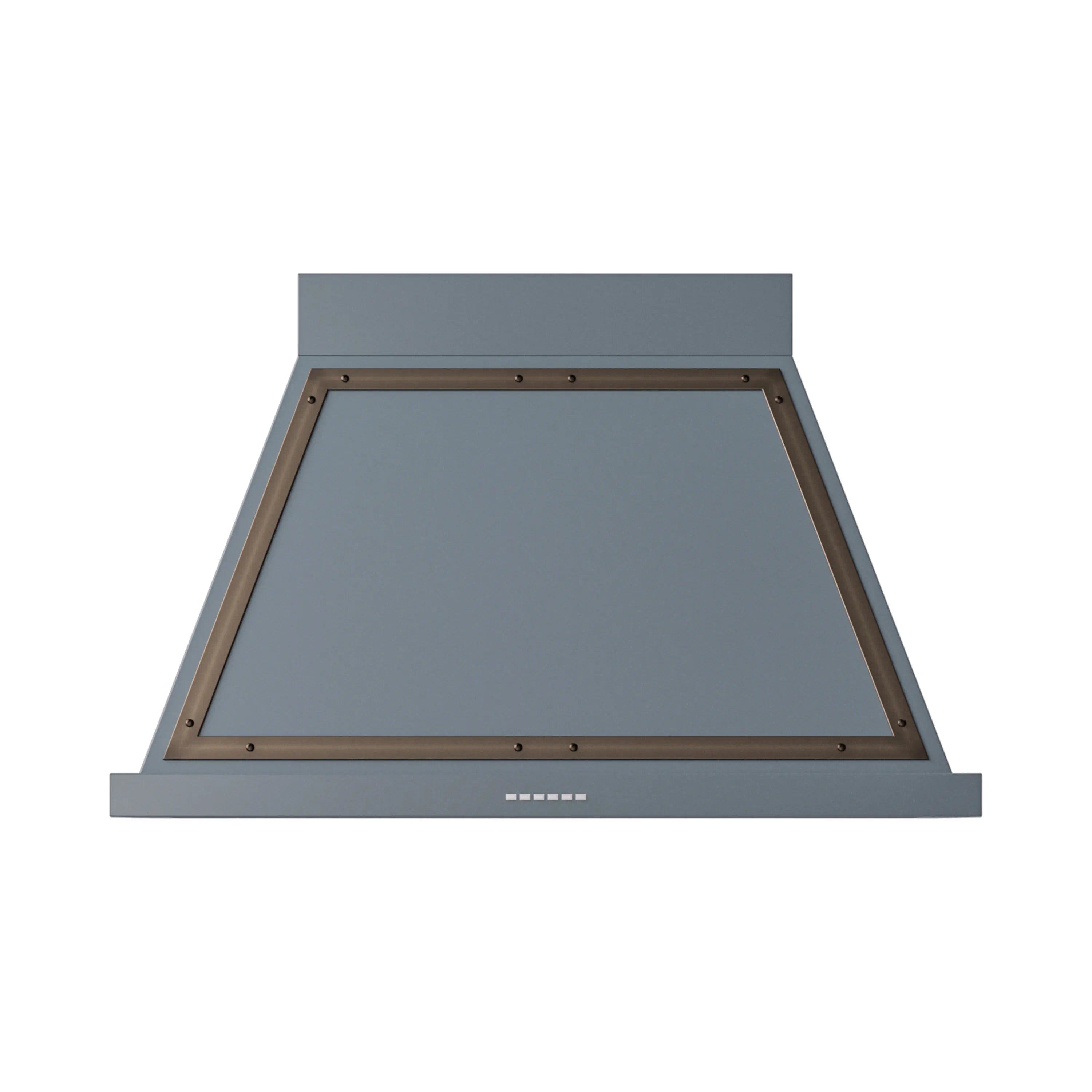 Wall-mounted range hood in blue-grey with bronze trim and mesh filter panel