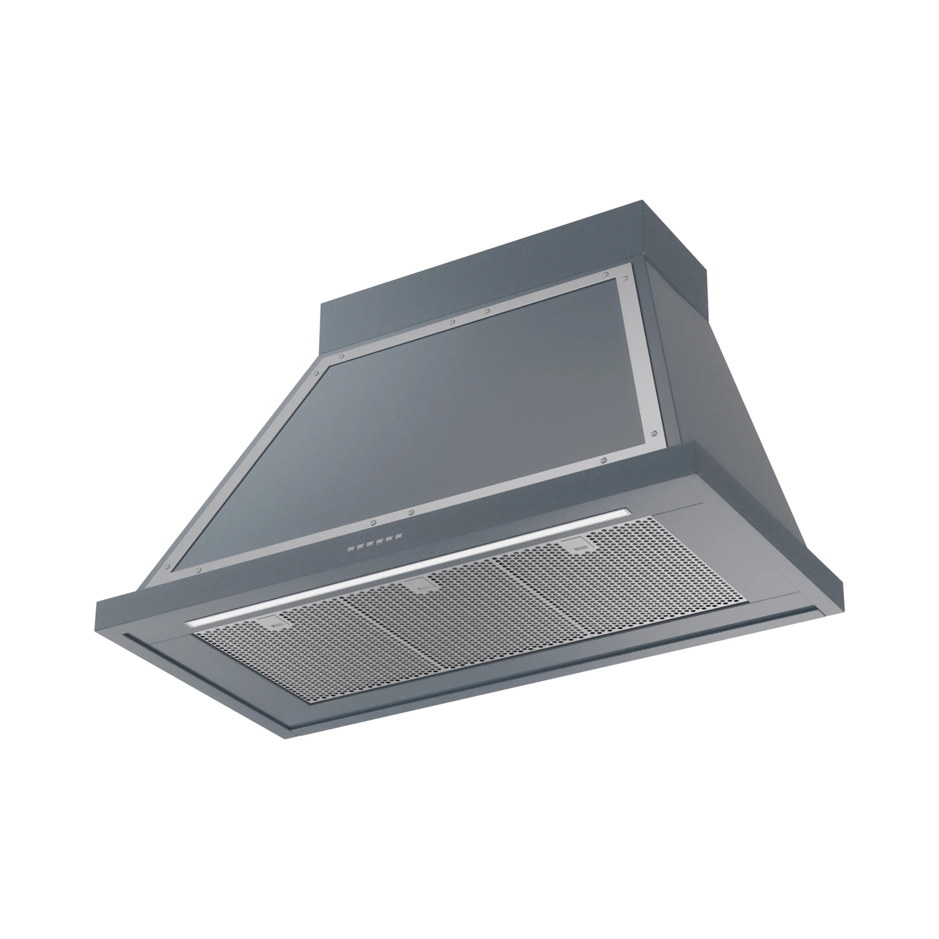 Blue grey wall-mounted range hood with front grease filter and chrome border