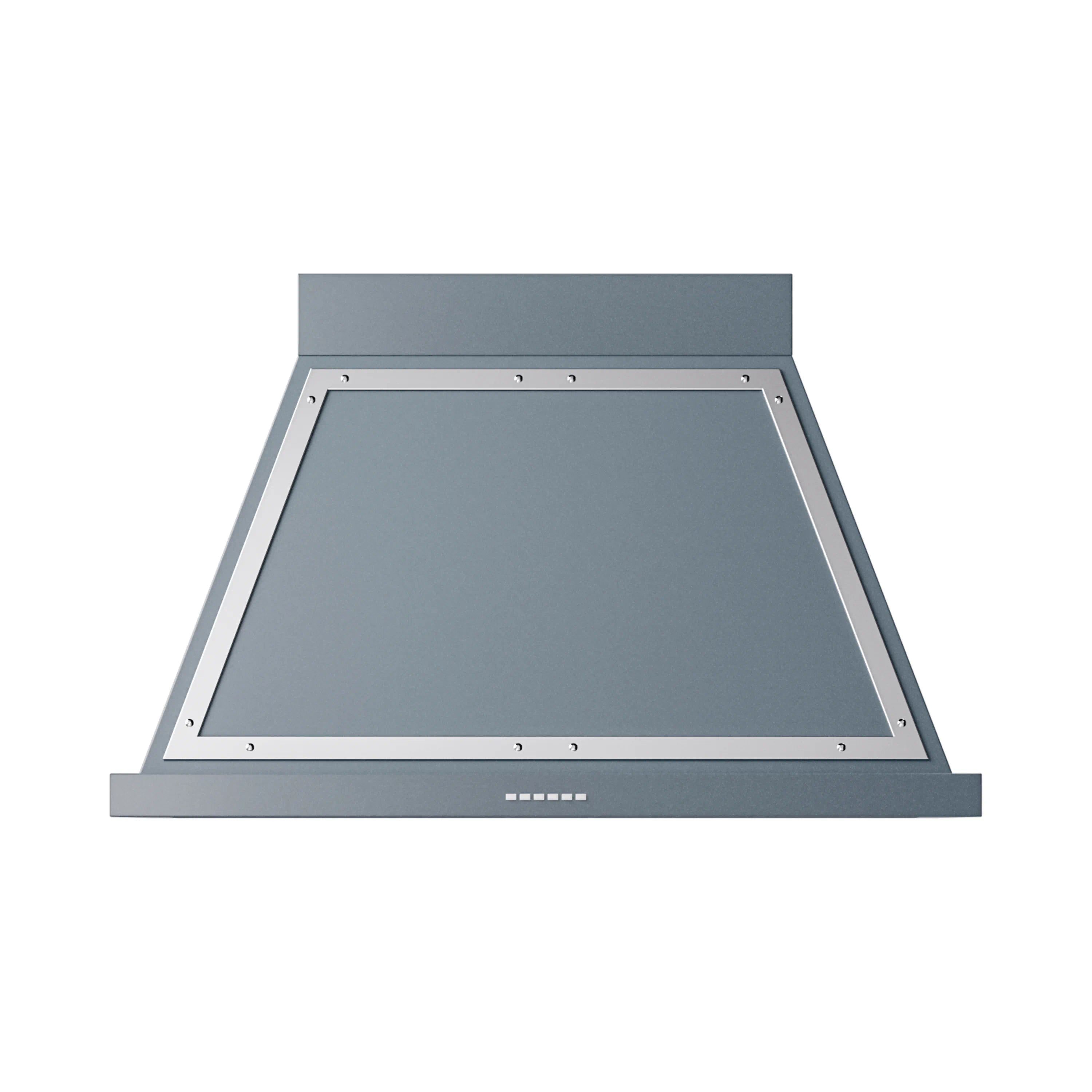 Blue grey interior view of wall-mounted range hood with vent baffle and trim