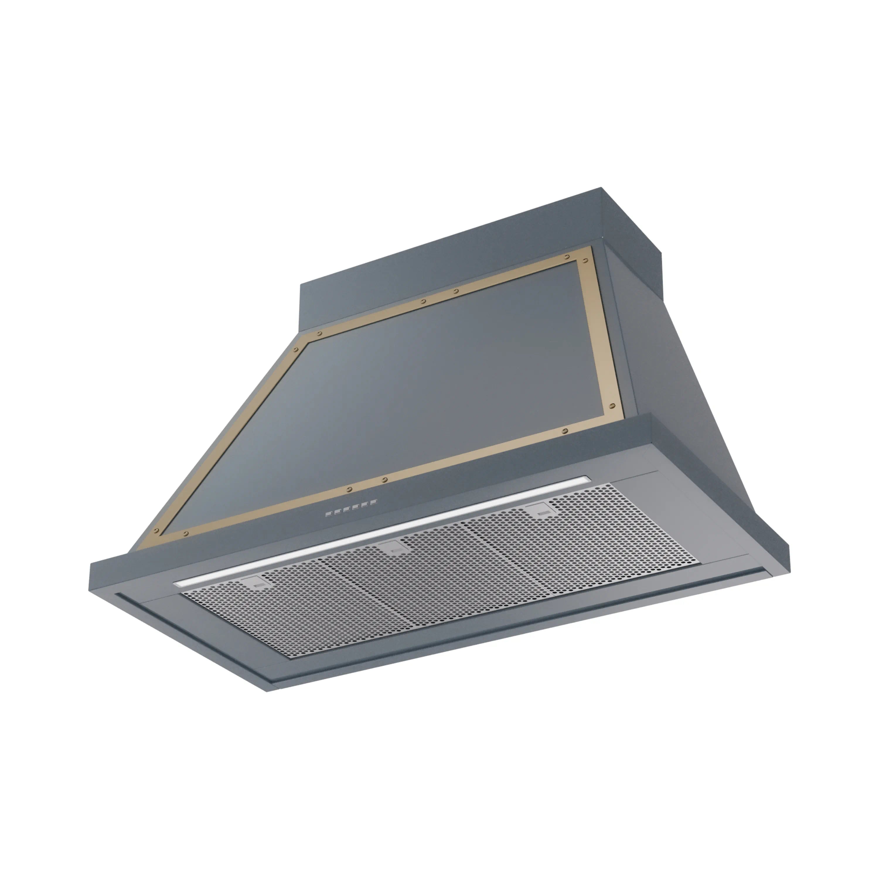 Blue gray wall range hood with brass trim and front mesh filter