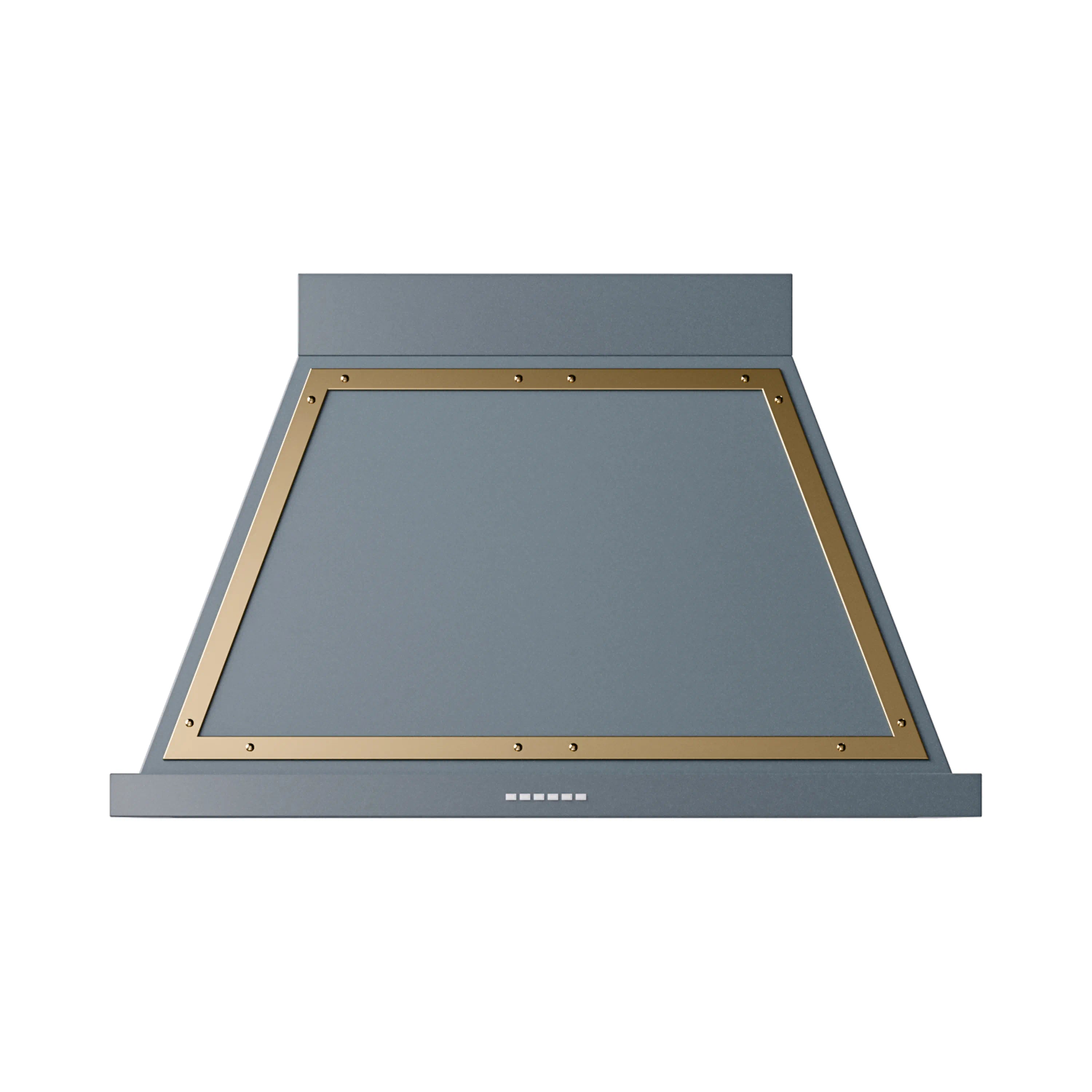 Blue gray wall range hood underside with brass trim and vent panels