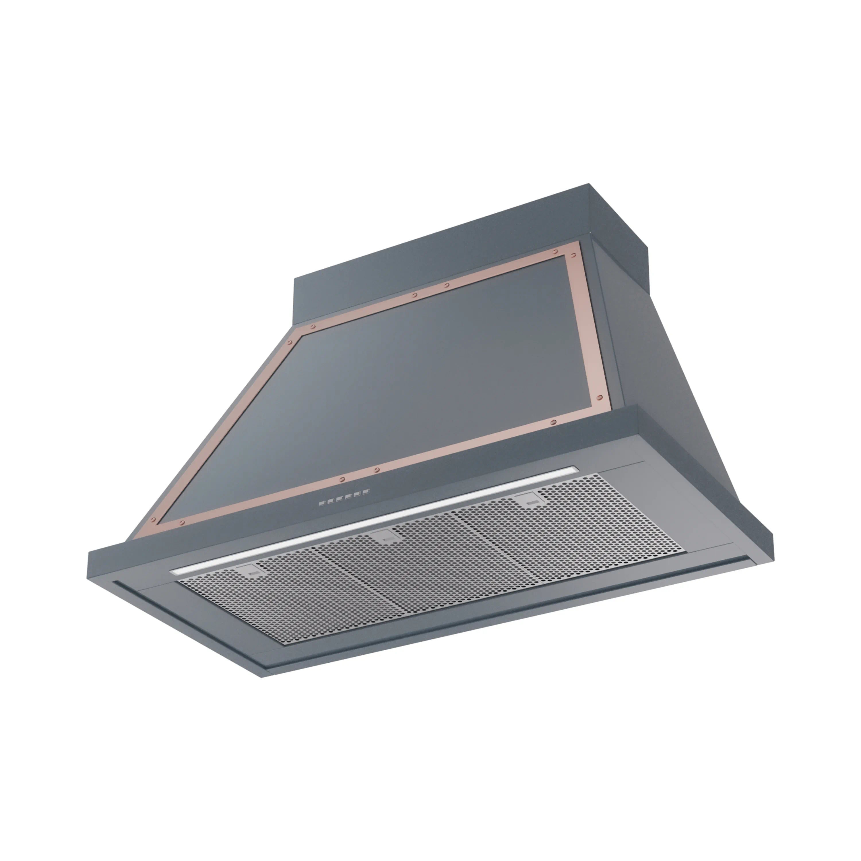 Blue gray wall range hood with copper trim, mesh filter panel and vent controls
