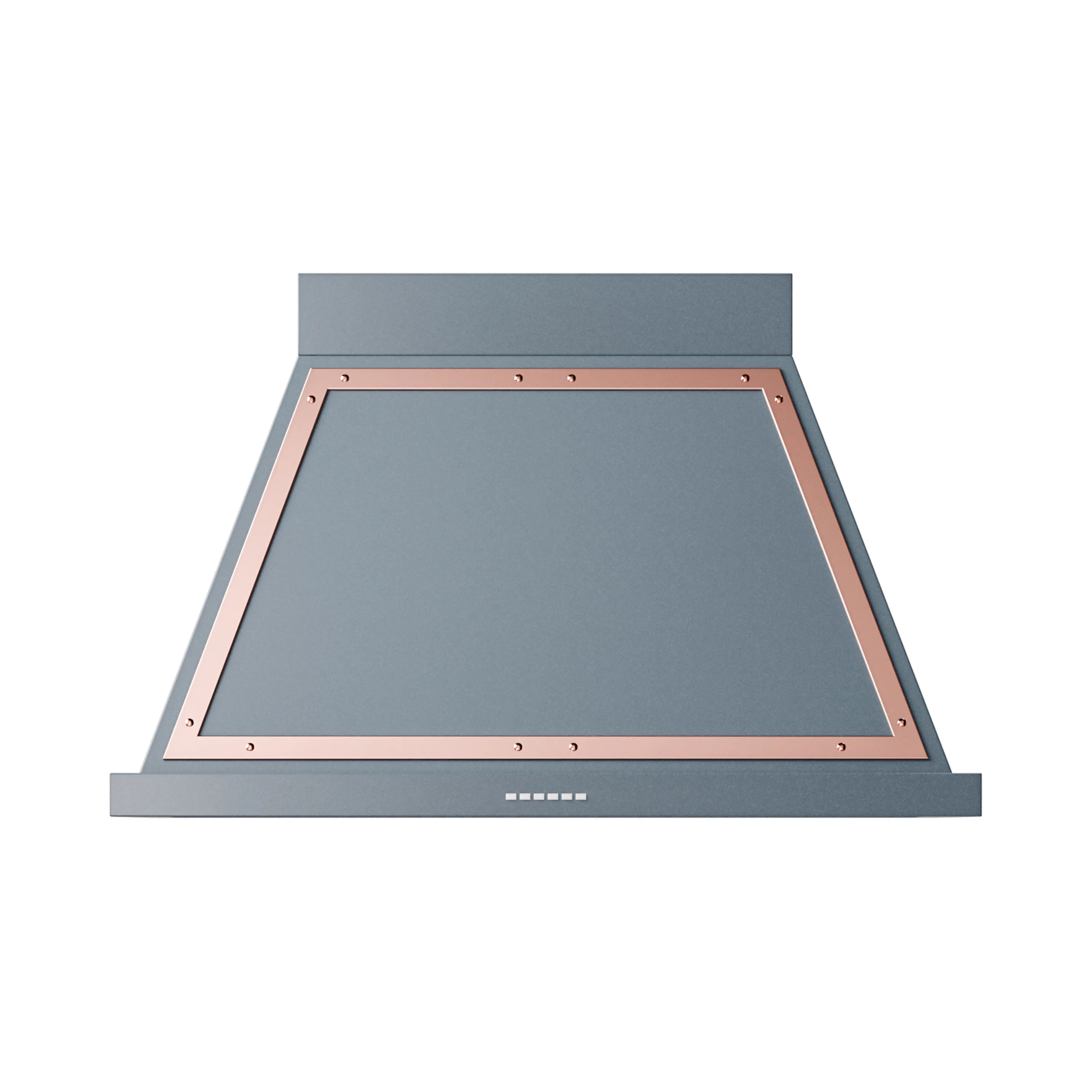 Blue gray wall range hood with copper-edged front opening and perforated grease filter