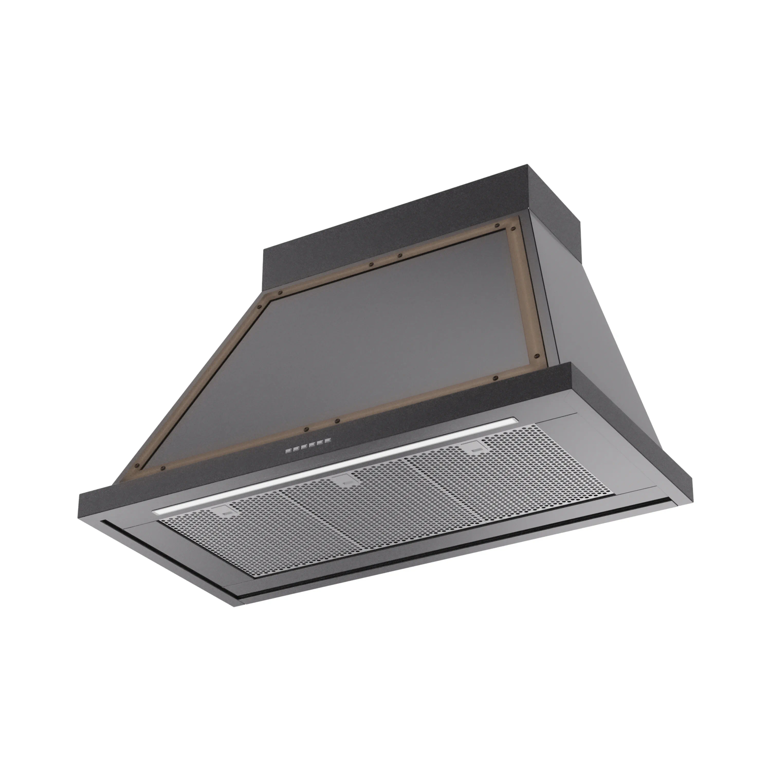 Wall range hood underside with stainless mesh filter and bronze frame, glossy black