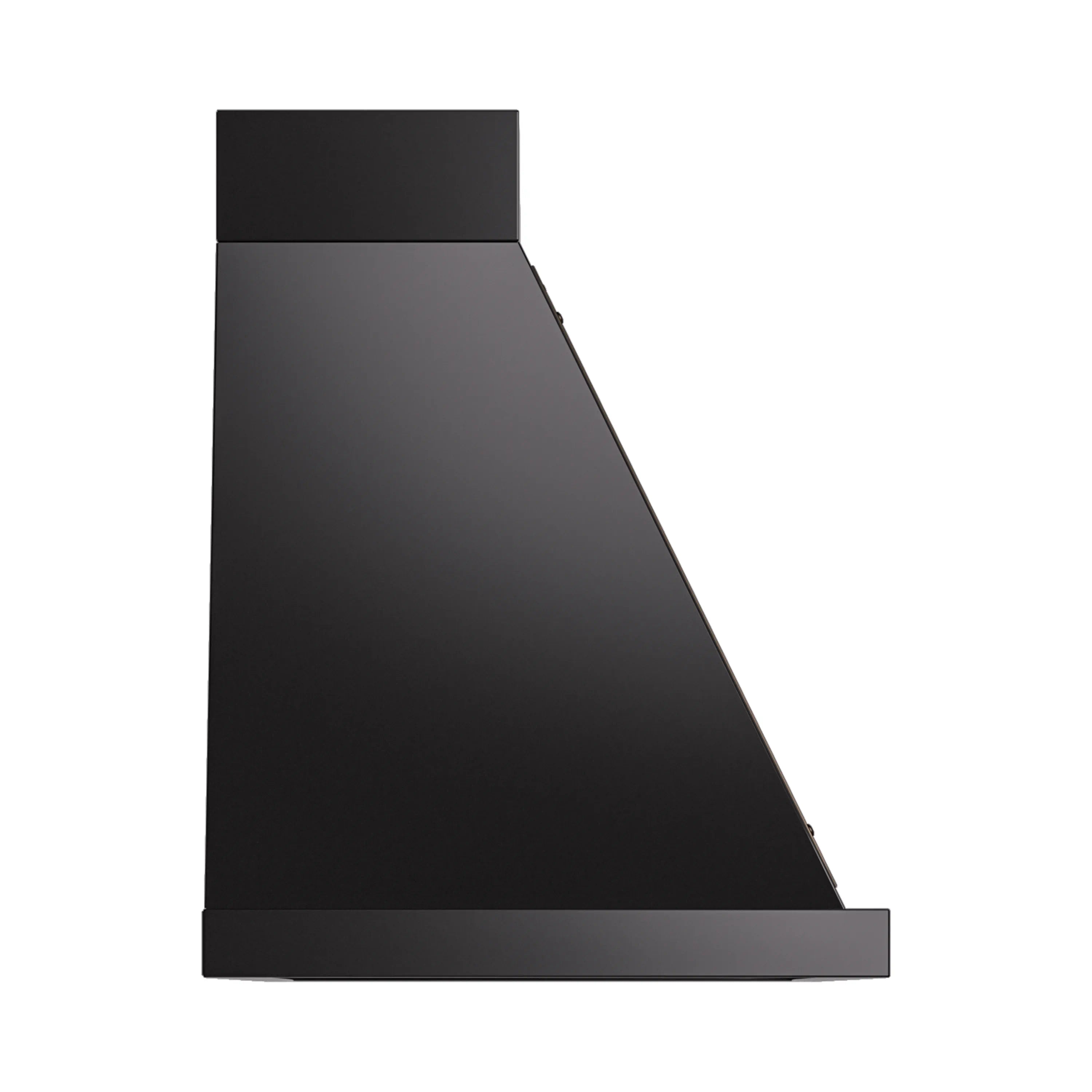 Black wall-mounted range hood, angled side view, bronze trim accents