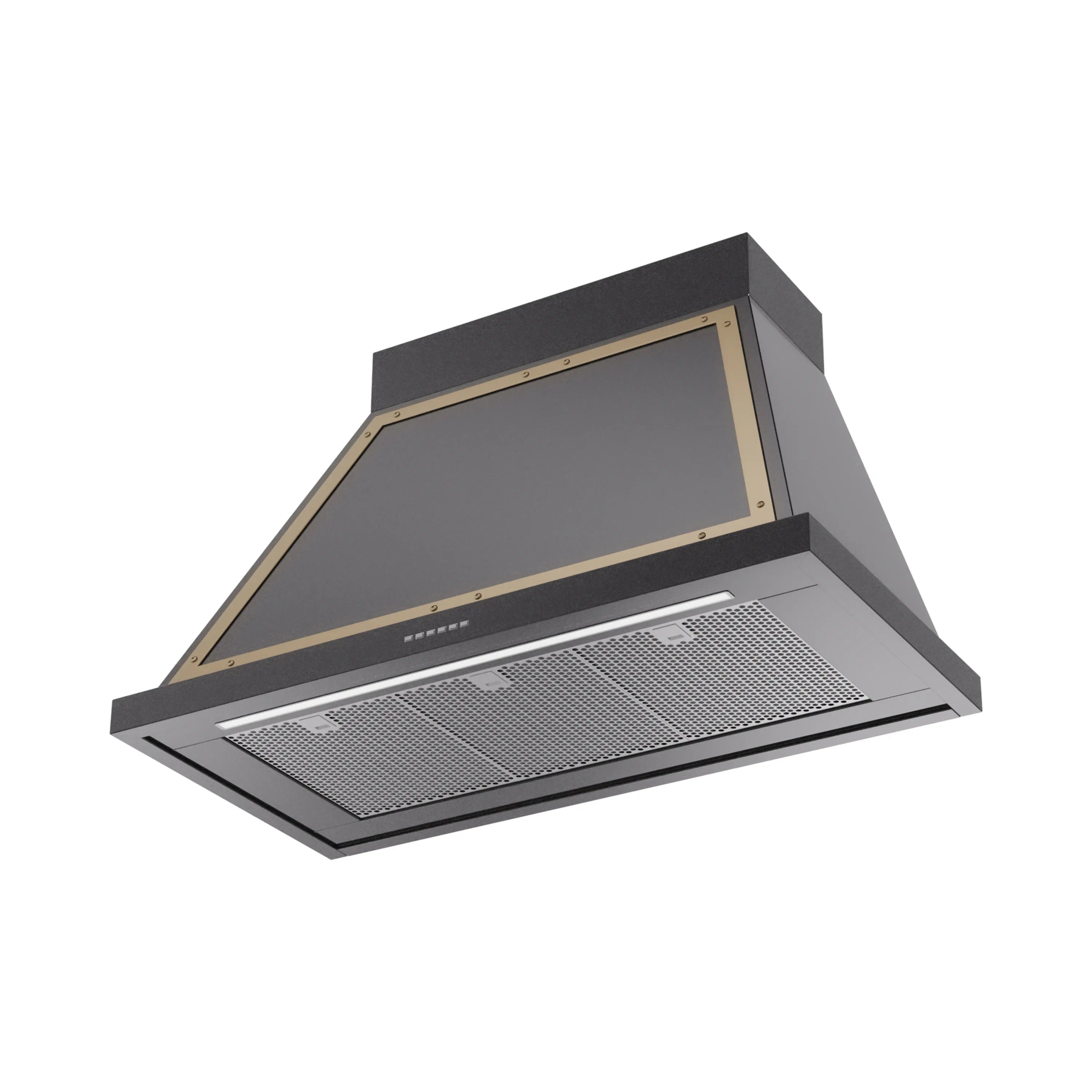 Wall mounted range hood with glossy black canopy, brass trim, and stainless mesh filters