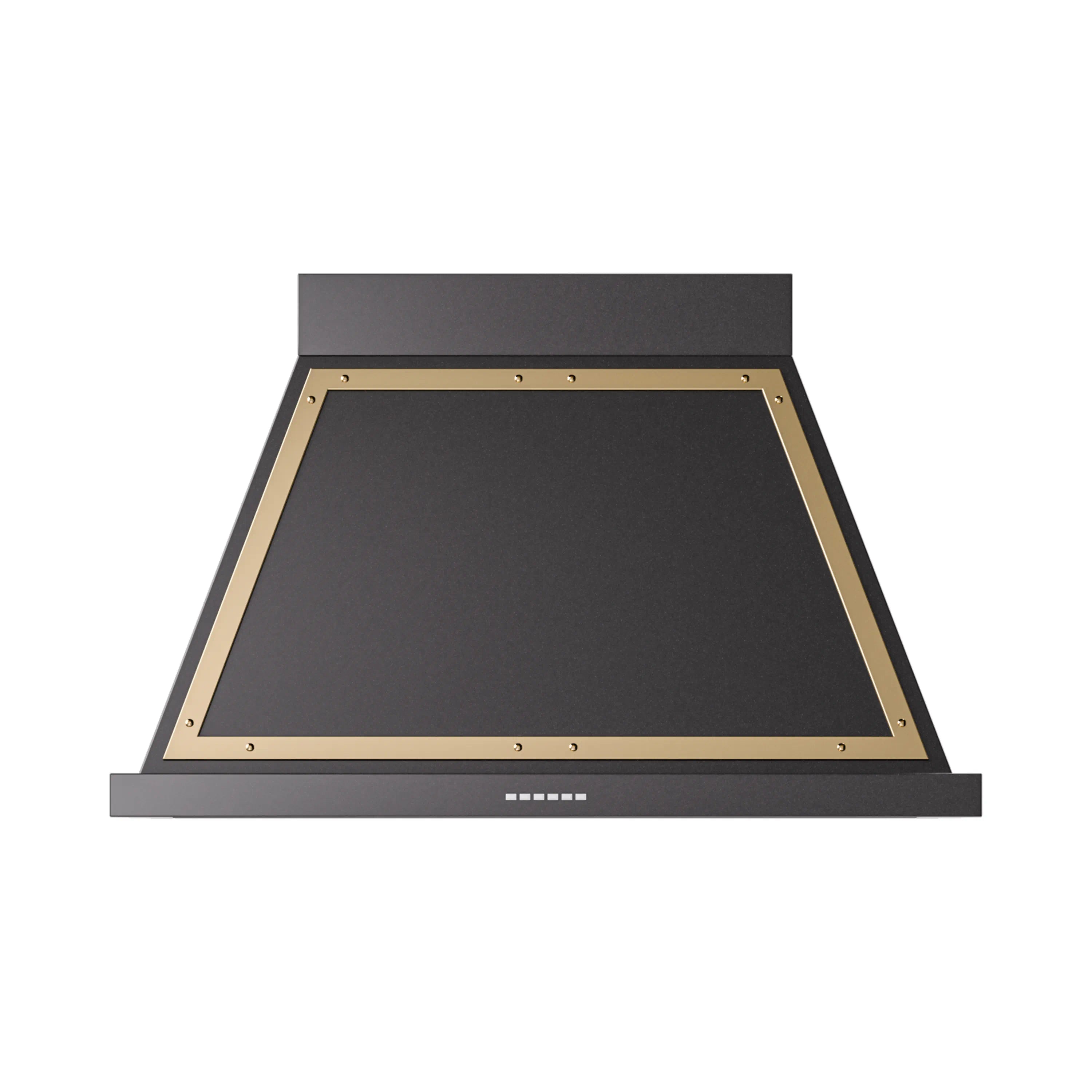 Wall mounted range hood with glossy black canopy and brass trim, open filter panel