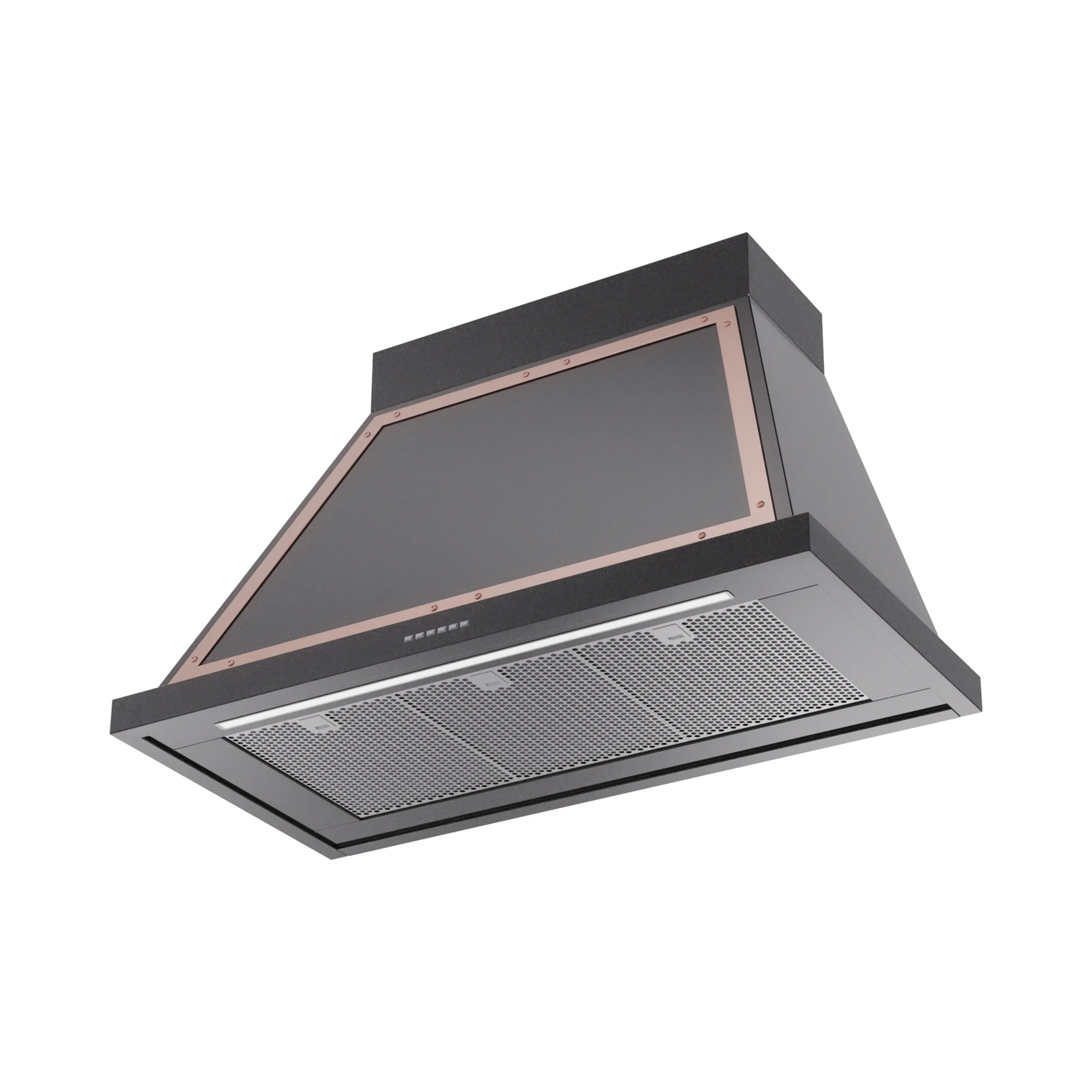 Wall-mounted range hood, glossy black with copper trim and mesh filter panel