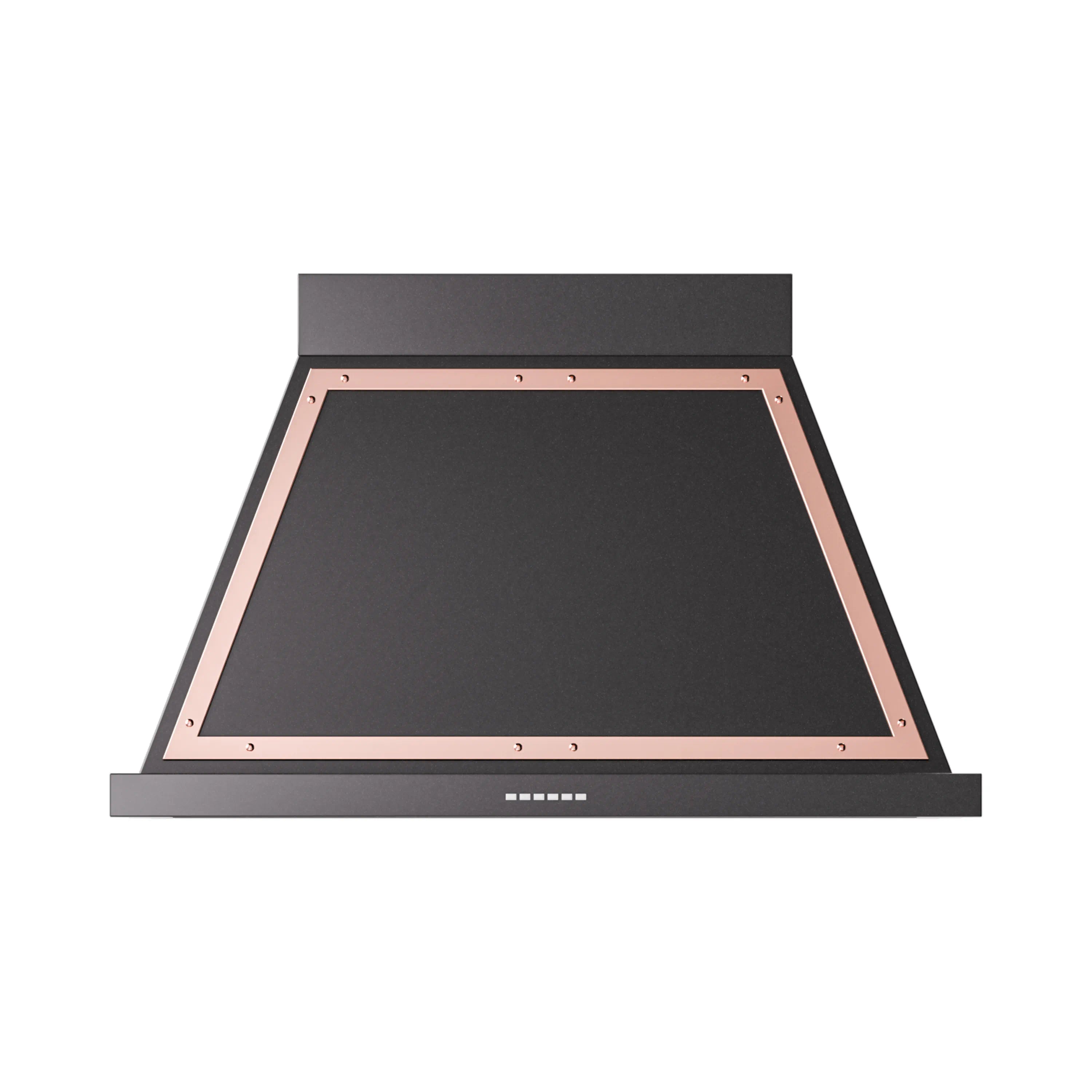 Wall-mounted range hood with copper-trimmed interior and front control panel