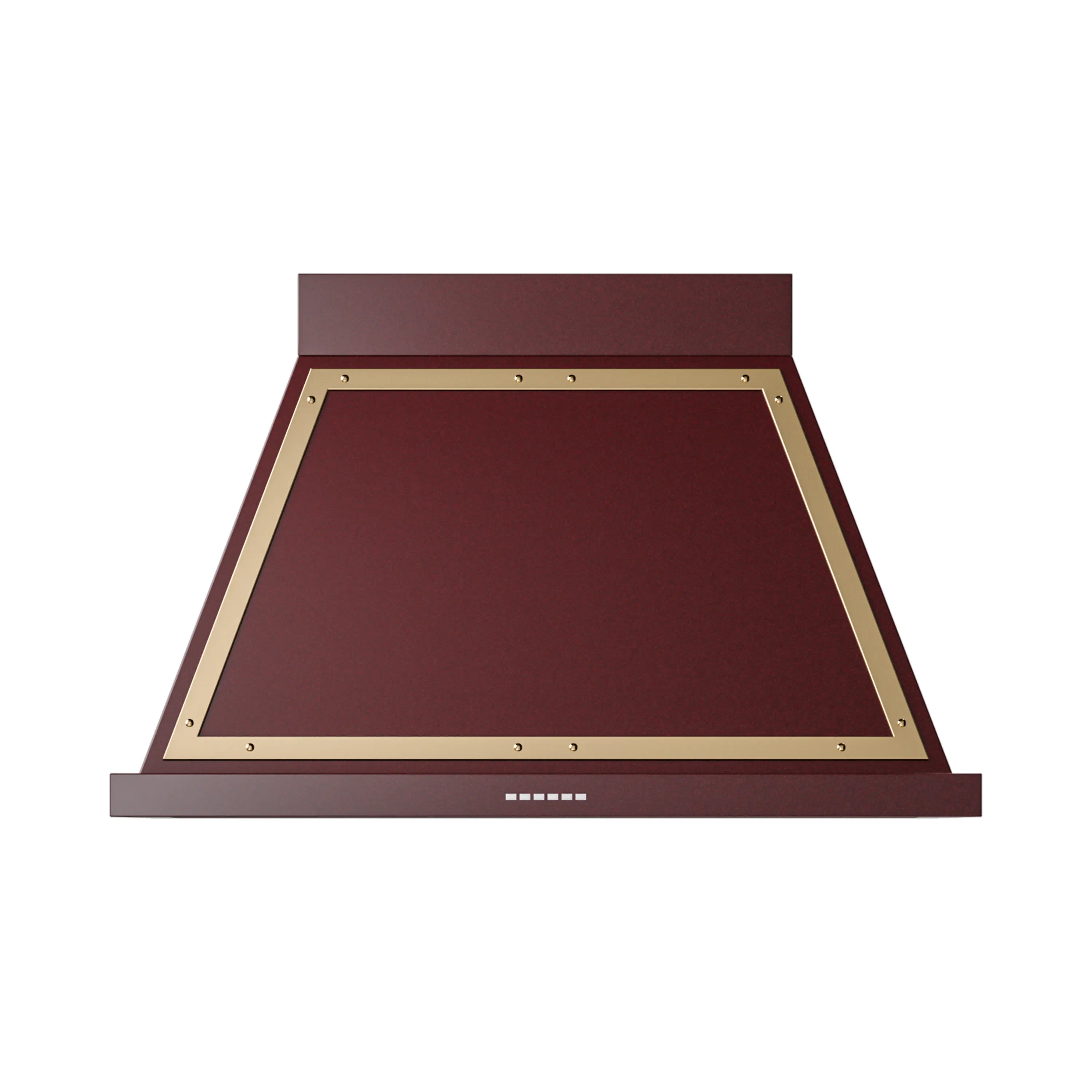 Wall-mounted range hood, burgundy canopy with brass trim and front vent panel