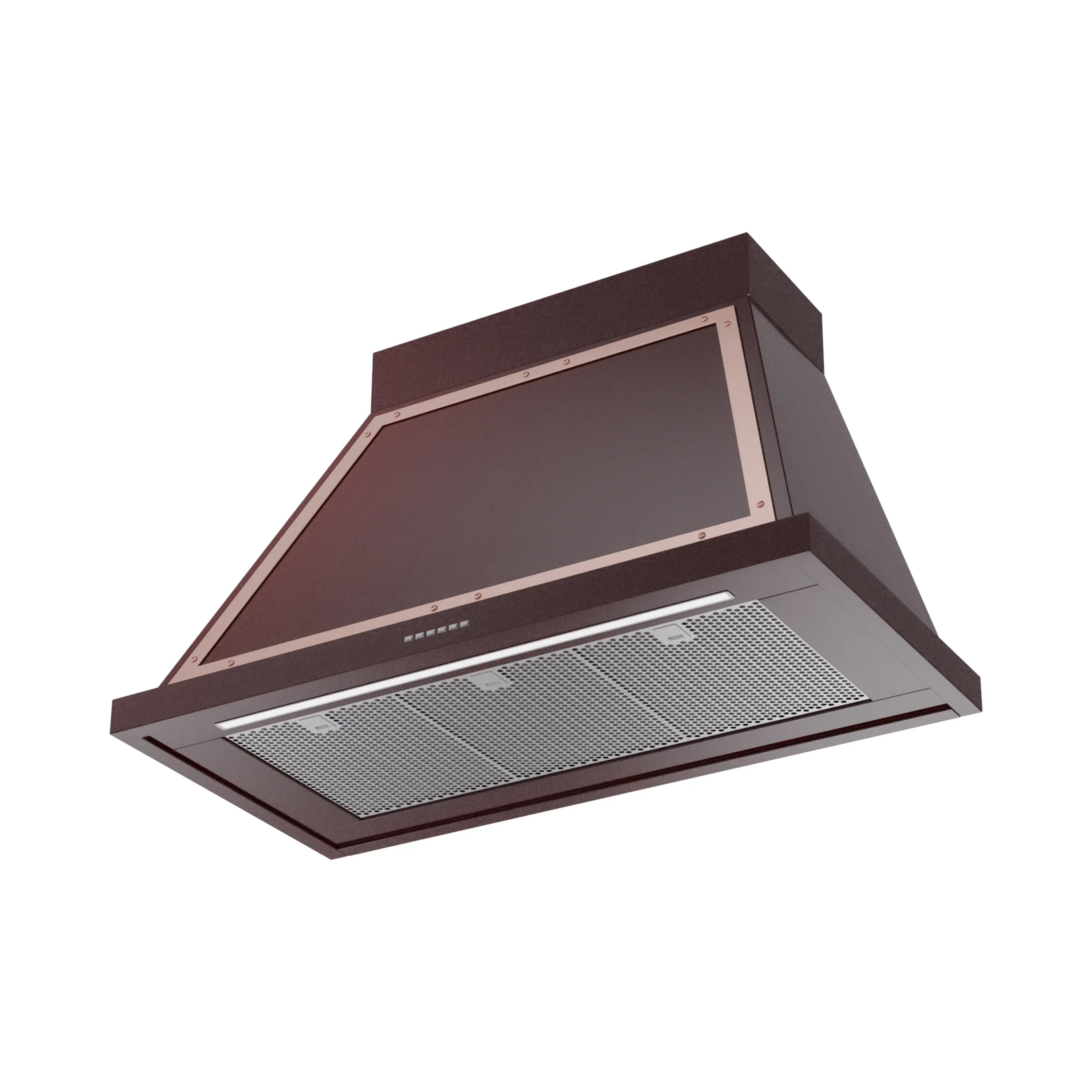 Burgundy wall range hood with copper trim; visible stainless mesh grease filter