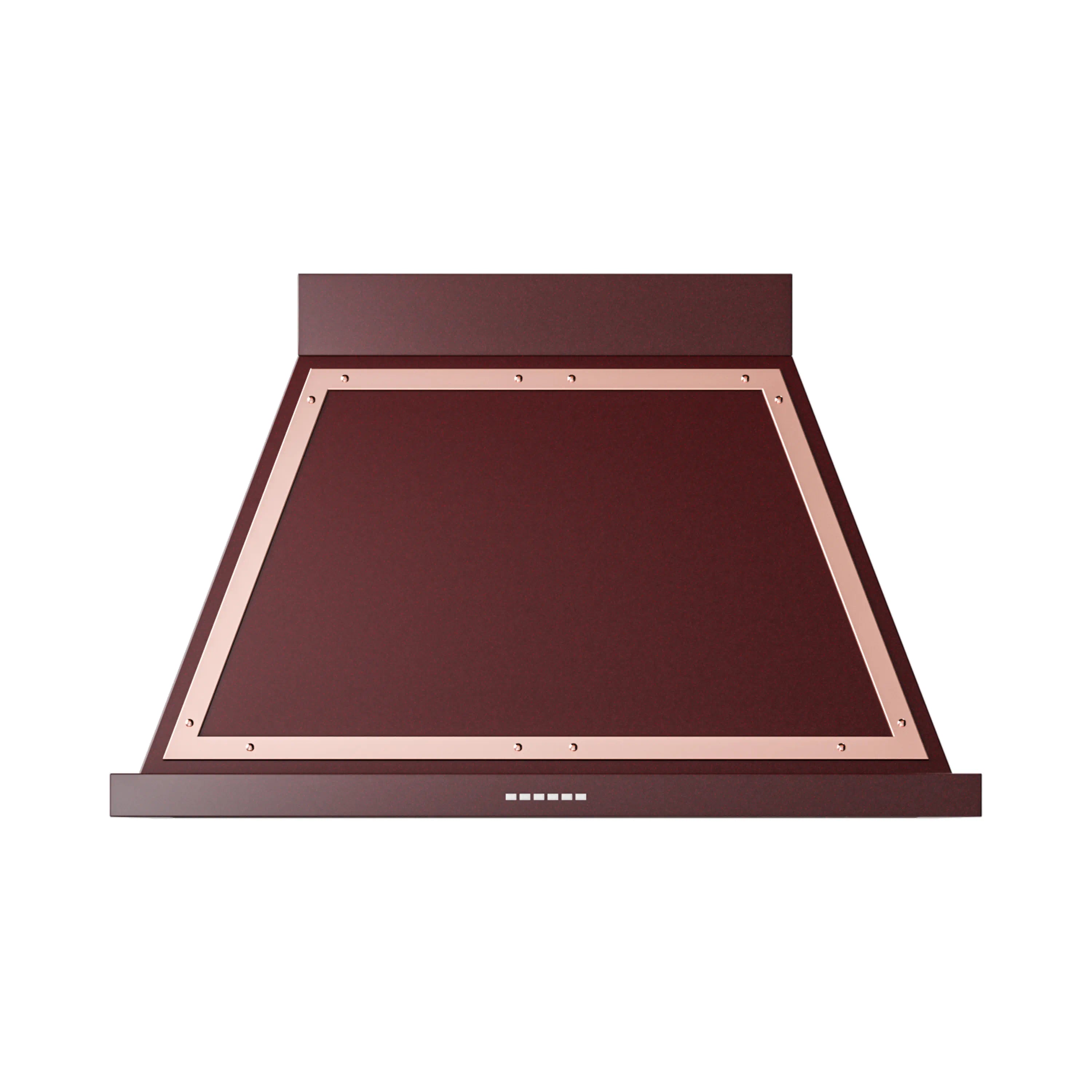 Burgundy wall-mounted range hood with copper trim and enclosed canopy, 40-inch size