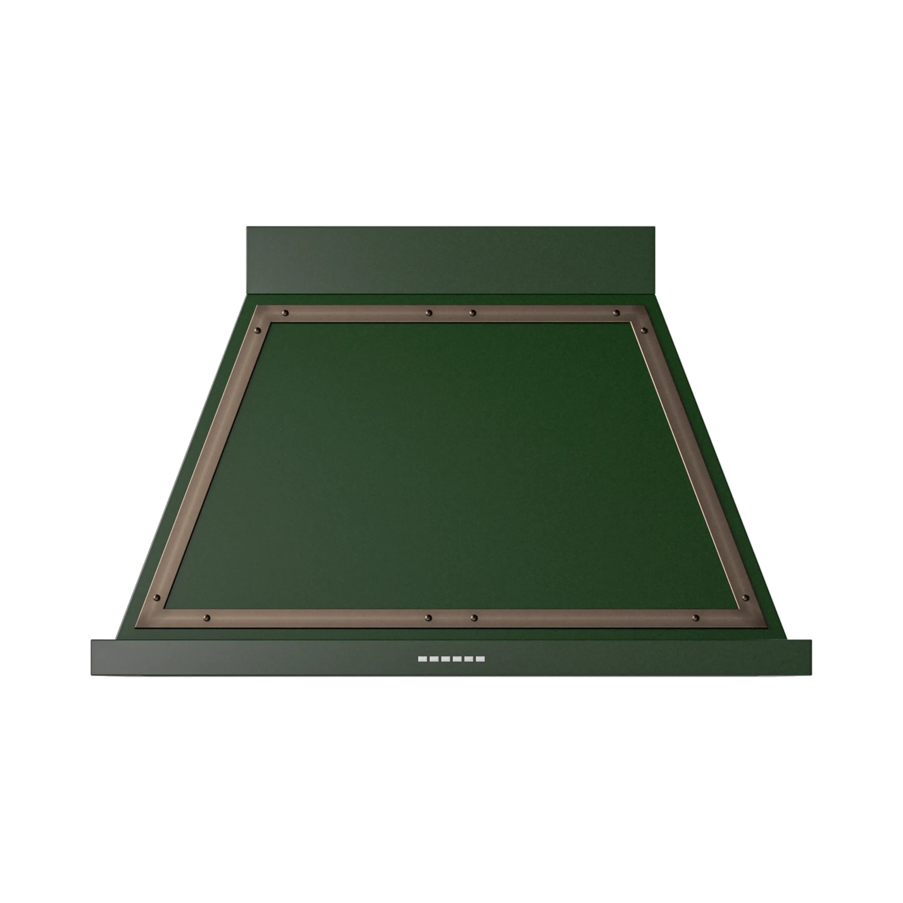 Emerald green wall range hood with bronze trim and open canopy view
