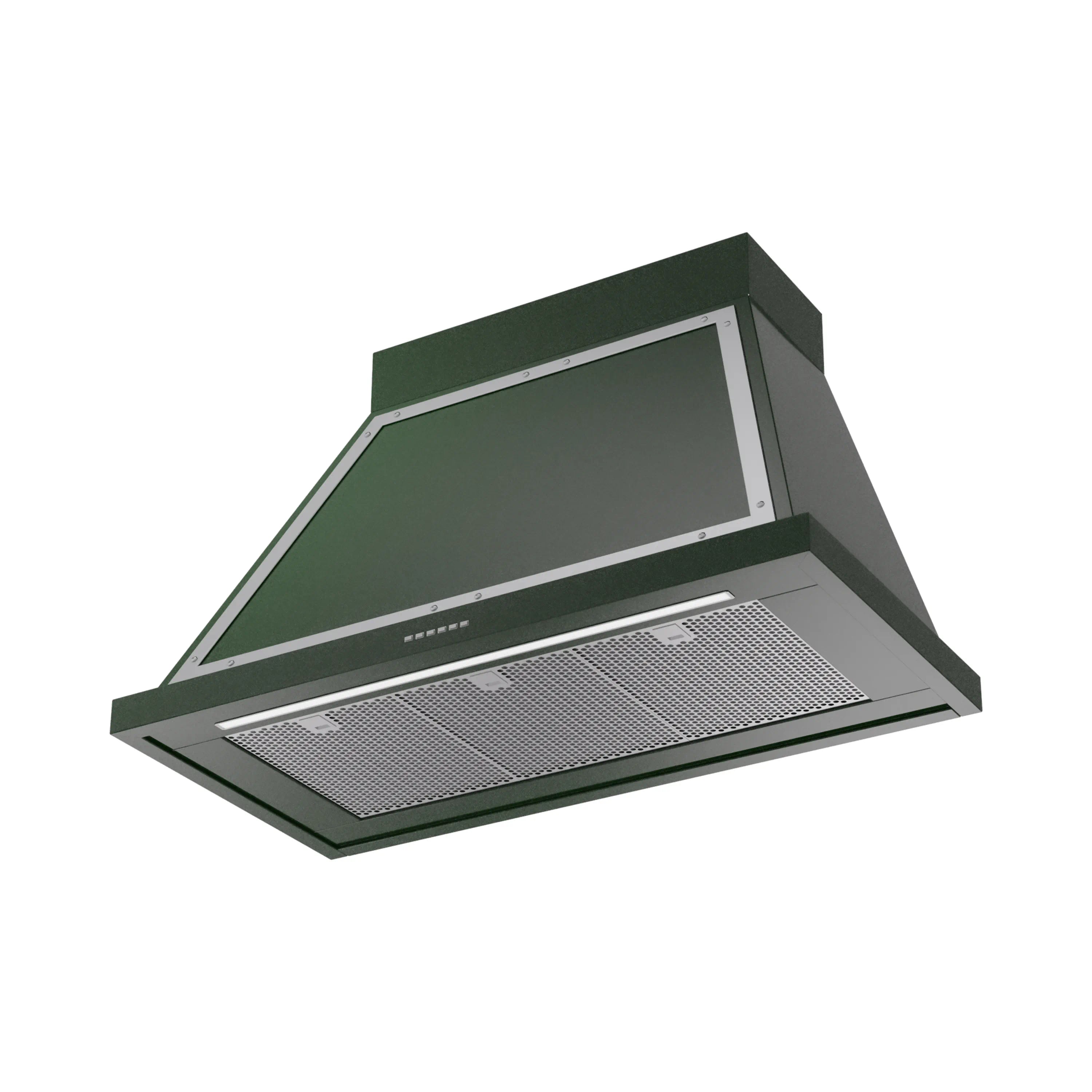 Emerald green range hood with chrome frame and mesh filter panel