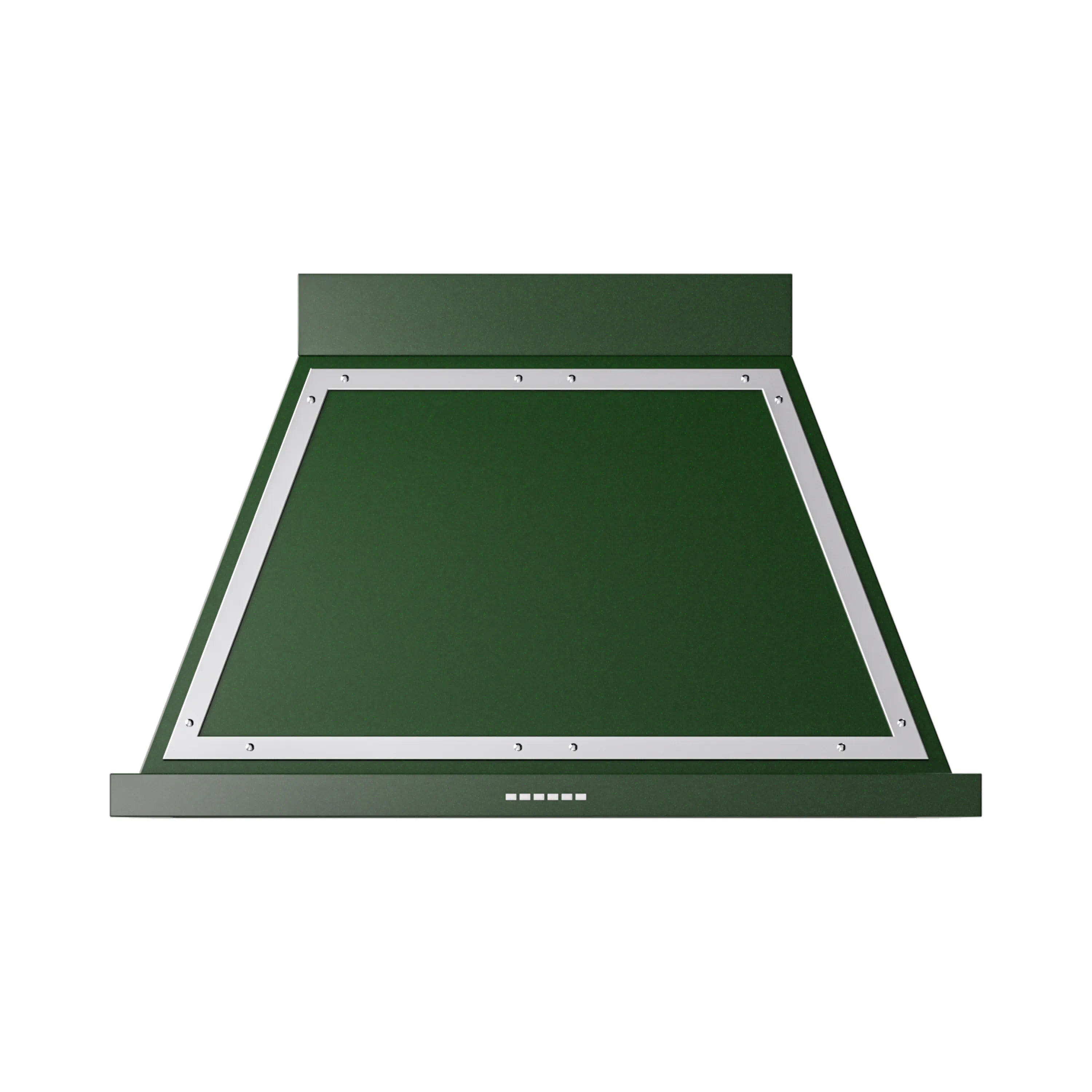 Emerald green wall range hood with chrome trim and open filter panel