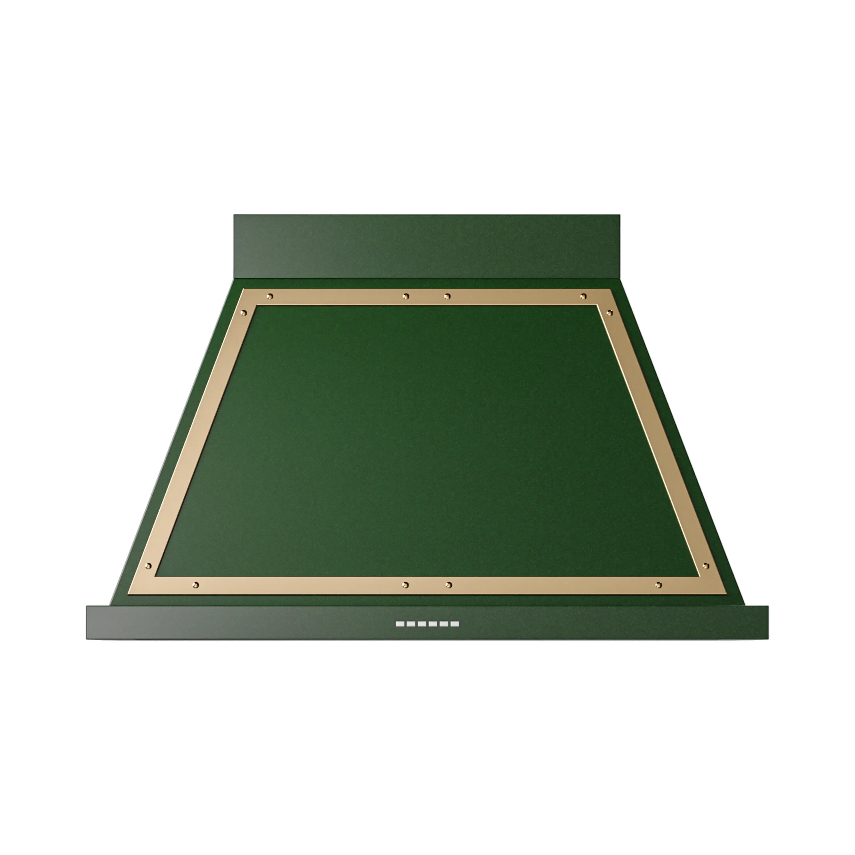 Emerald green wall-mounted range hood with brass-trimmed canopy and vent opening