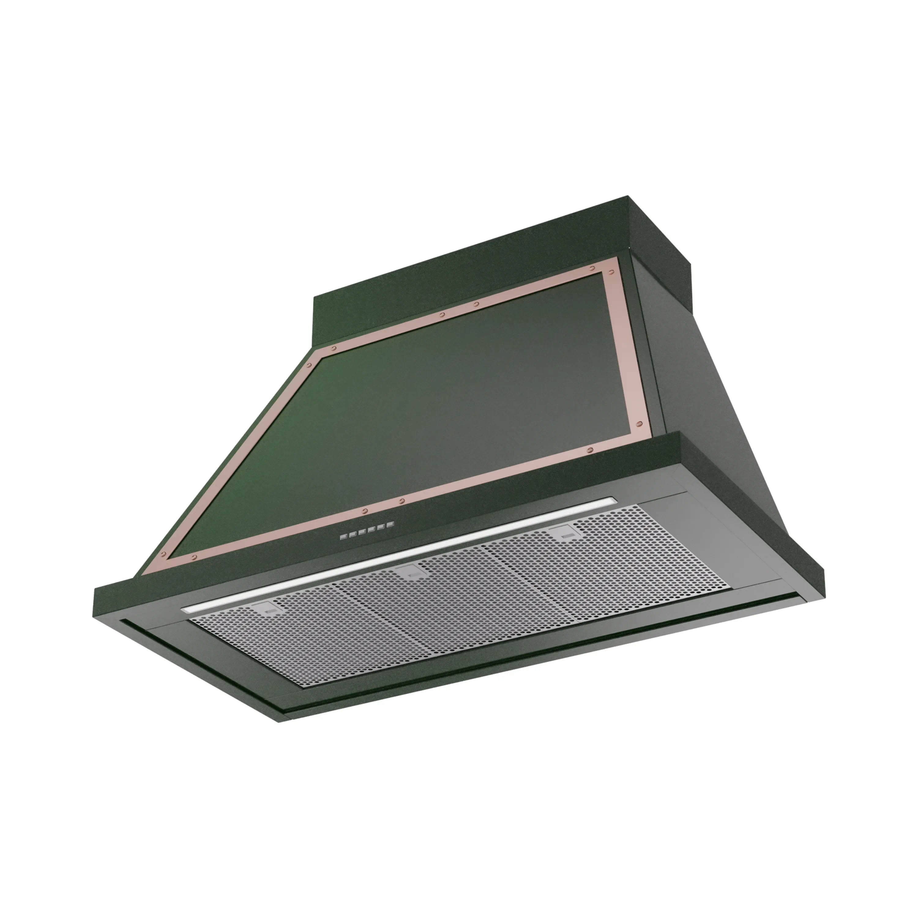 Emerald green wall range hood with copper trim and front mesh filter
