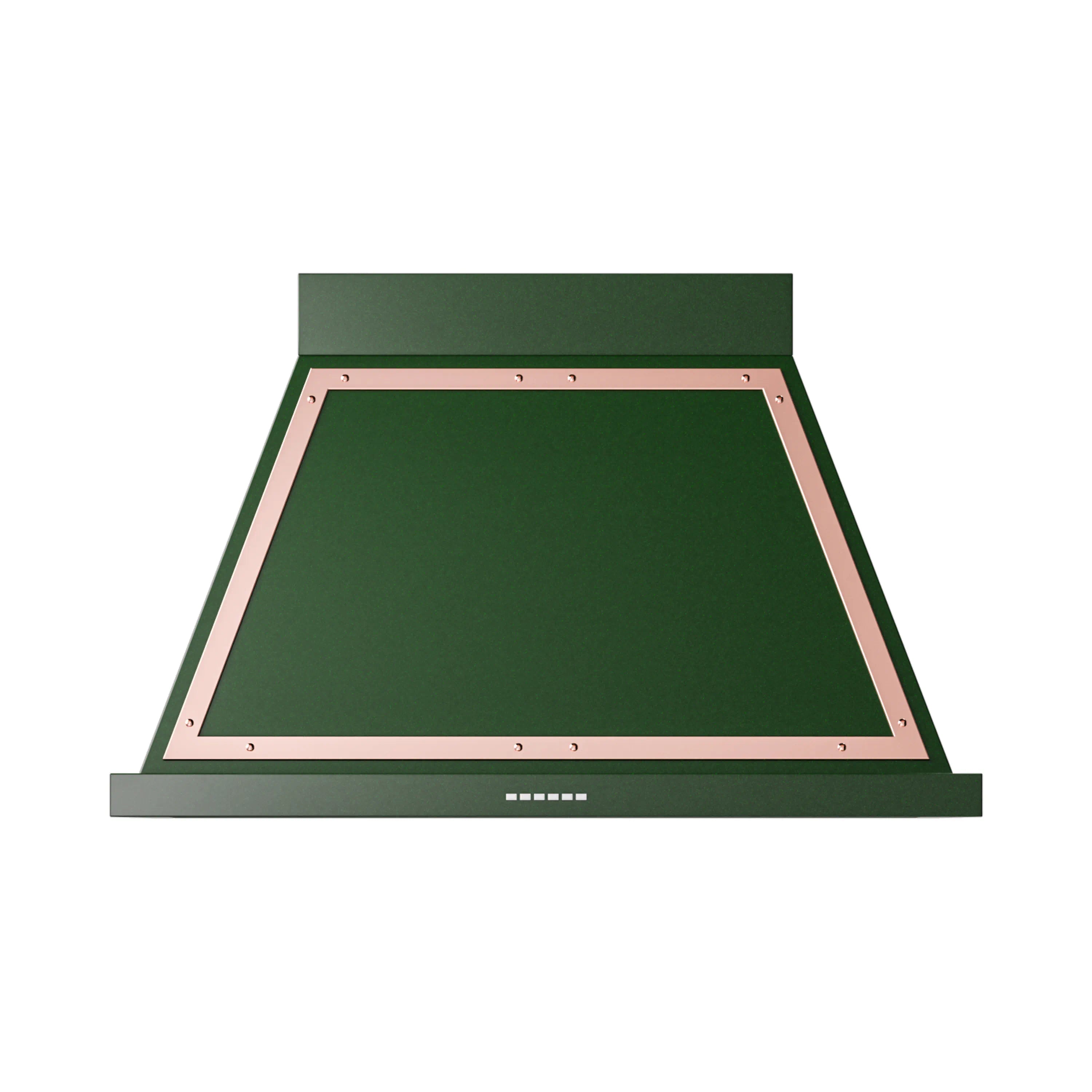 Emerald green wall range hood with copper-trimmed canopy