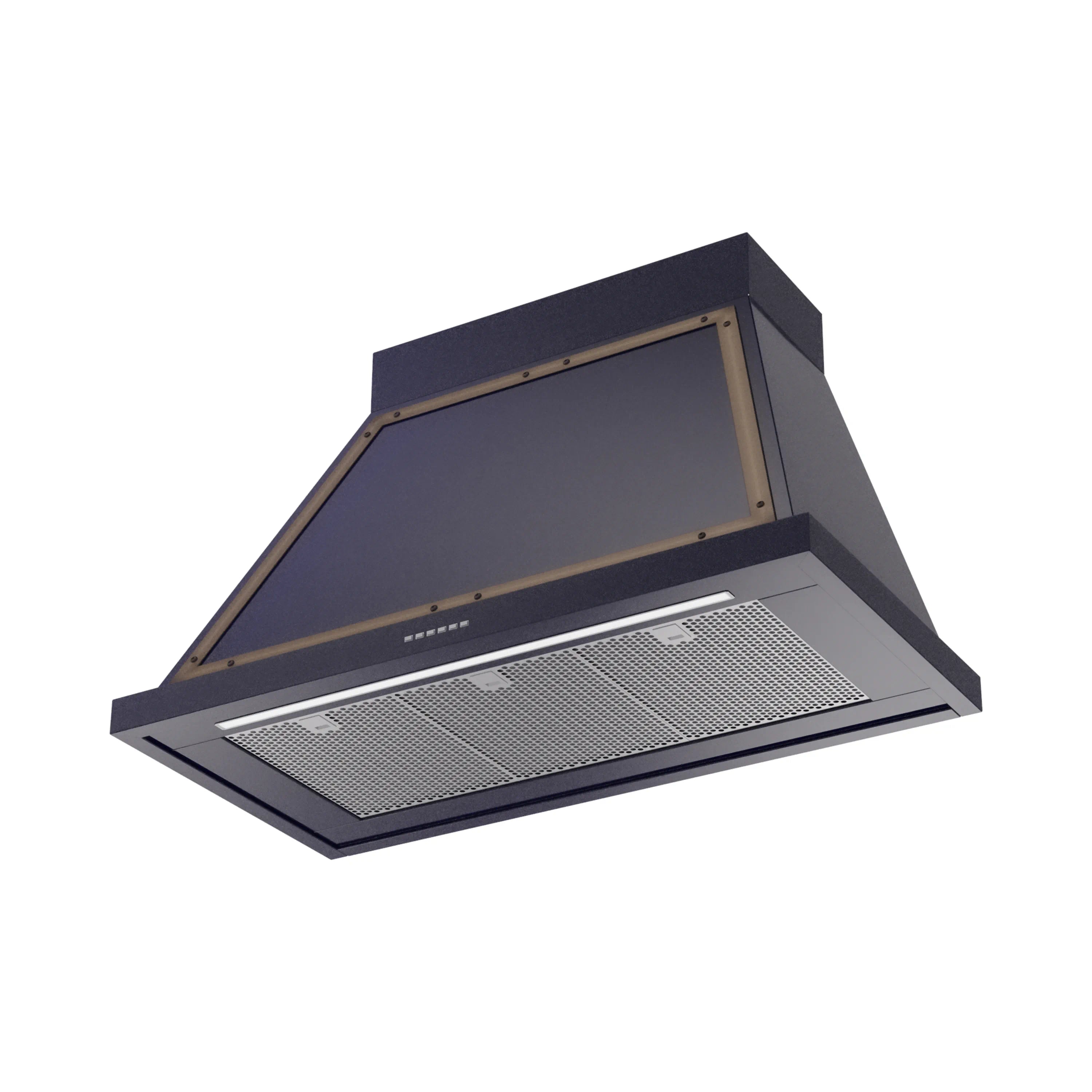 Wall-mounted range hood in dark blue with bronze frame and vented metal filter grid.