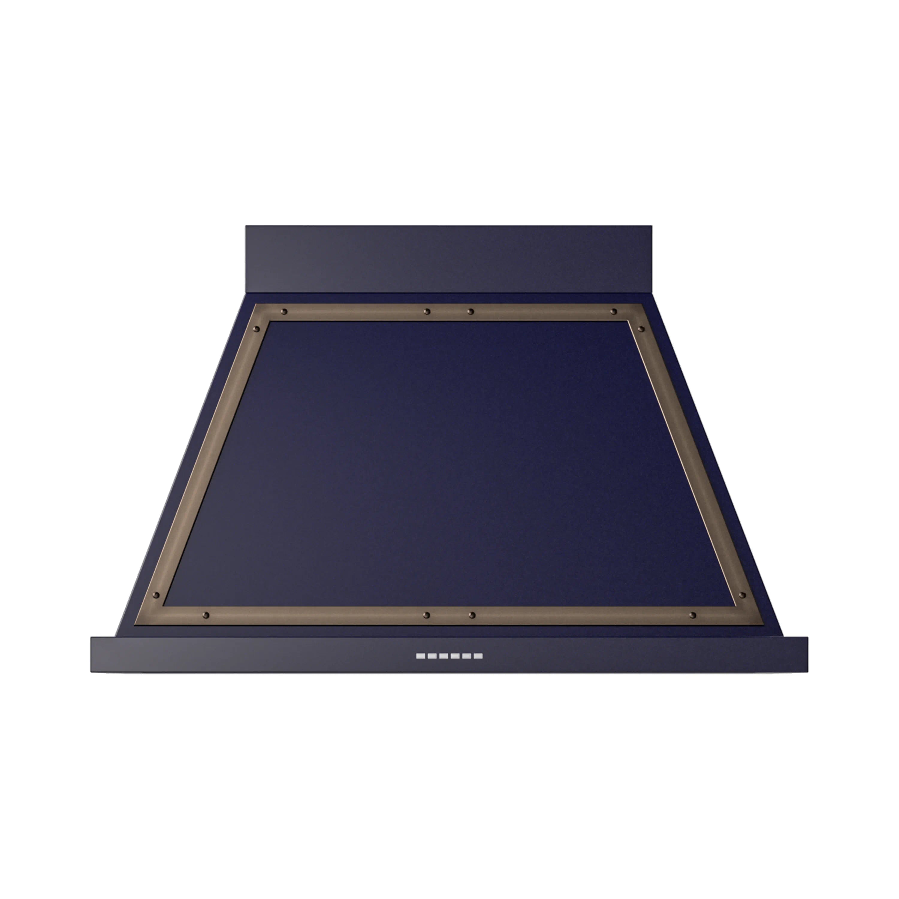 Wall-mounted range hood in dark blue with bronze trim and open filter area.