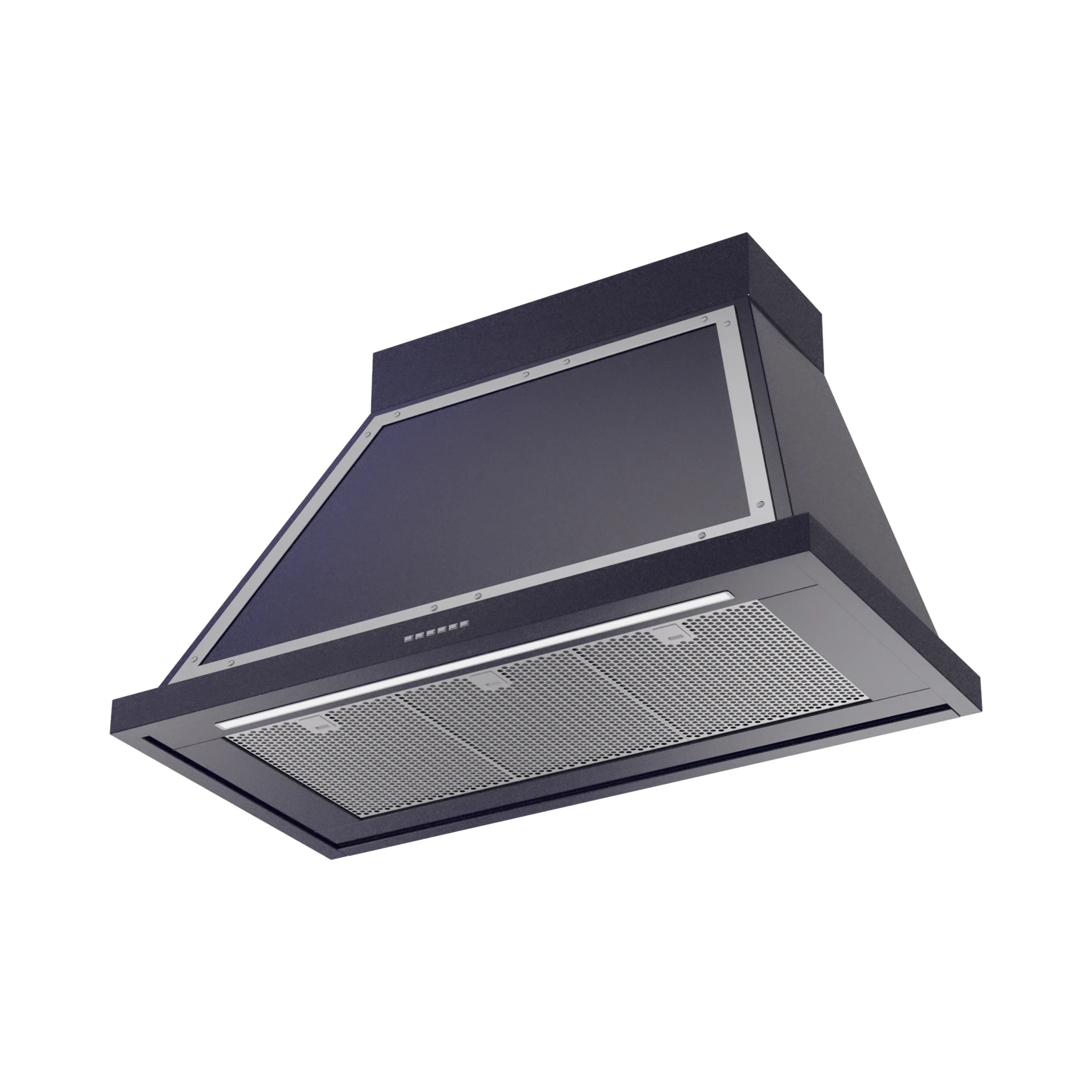 ILVE wall mounted range hood in midnight blue with chrome trim and mesh filter panel