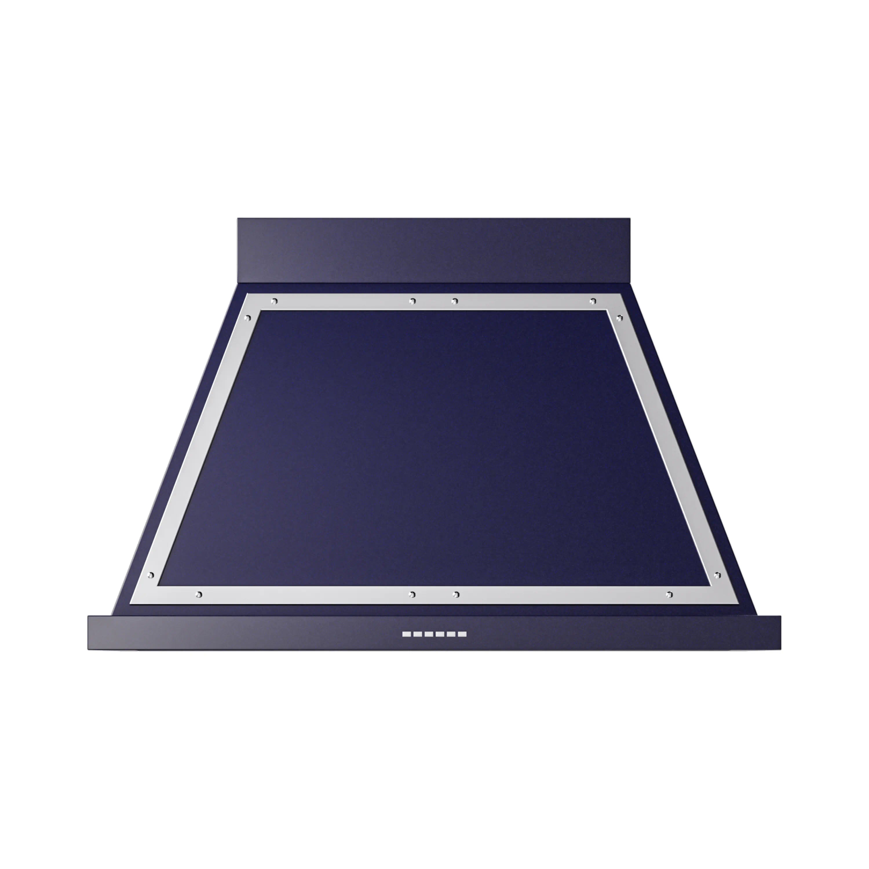 ILVE wall mounted range hood with open canopy, midnight blue interior and chrome frame