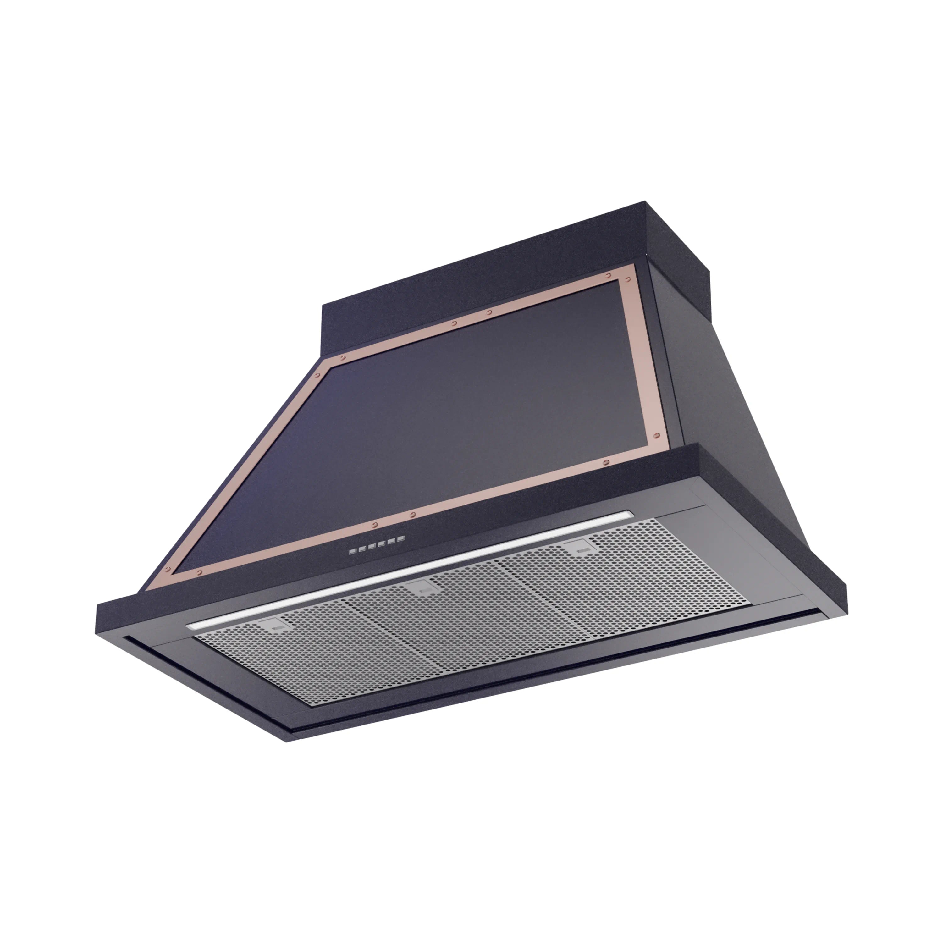 Wall-mounted range hood, midnight blue with copper trim and mesh filter panel
