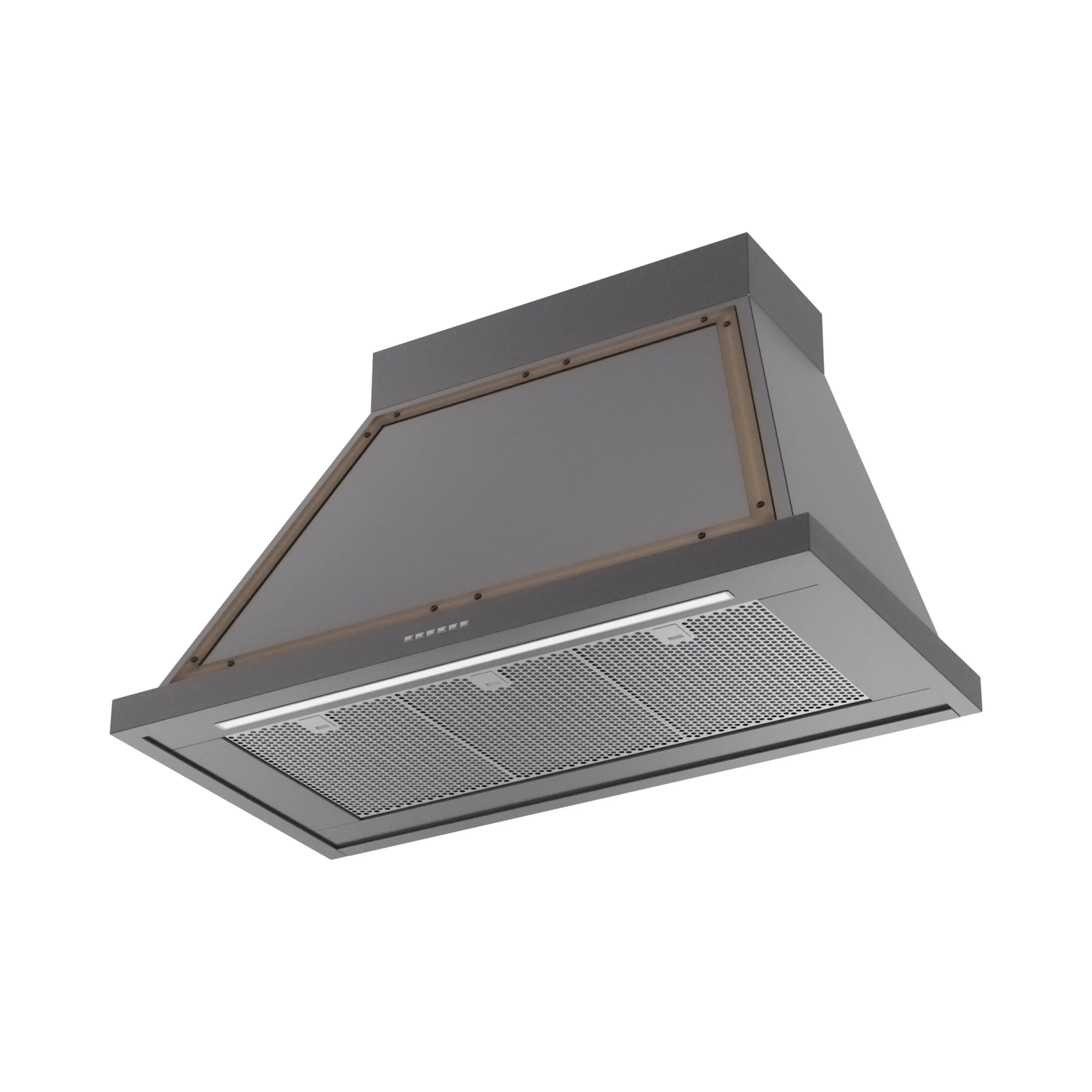 Wall-mounted range hood in matte graphite with bronze trim, front mesh grease filter.