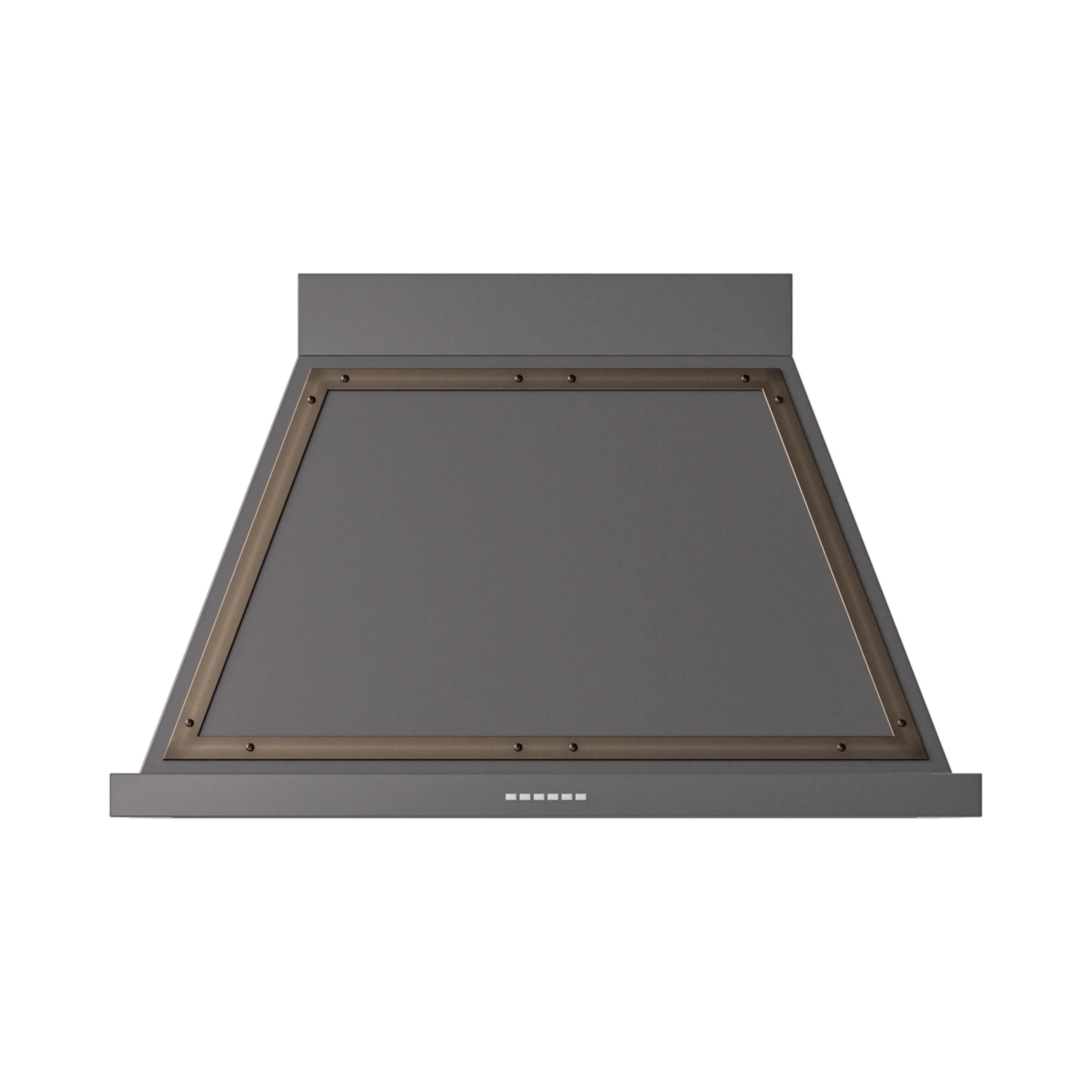 Wall-mounted range hood, matte graphite with bronze trim, vented front panel.