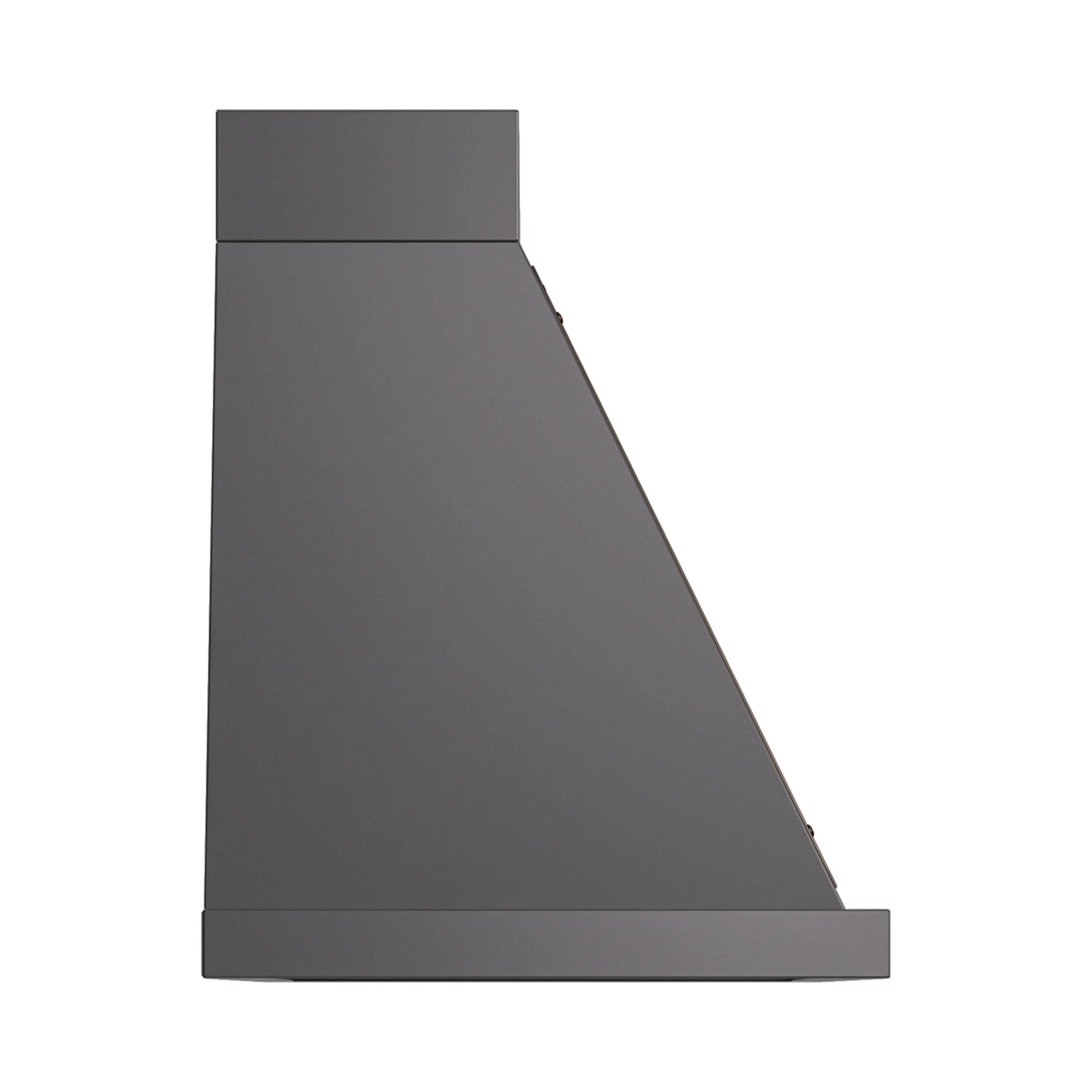 Wall-mounted range hood side profile in matte graphite with bronze trim and flat chimney.