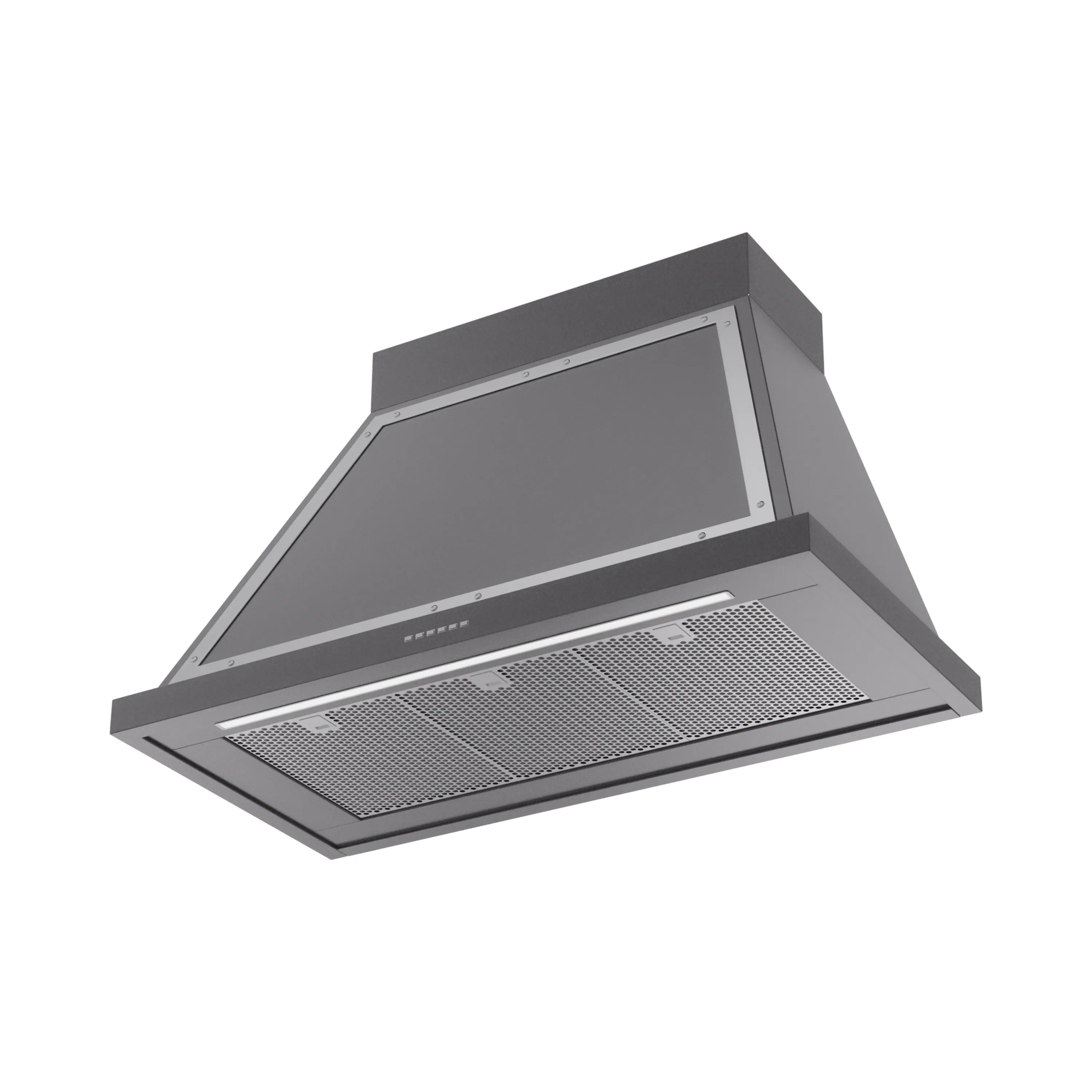 Wall-mounted range hood in graphite matte with chrome frame and mesh filter panel