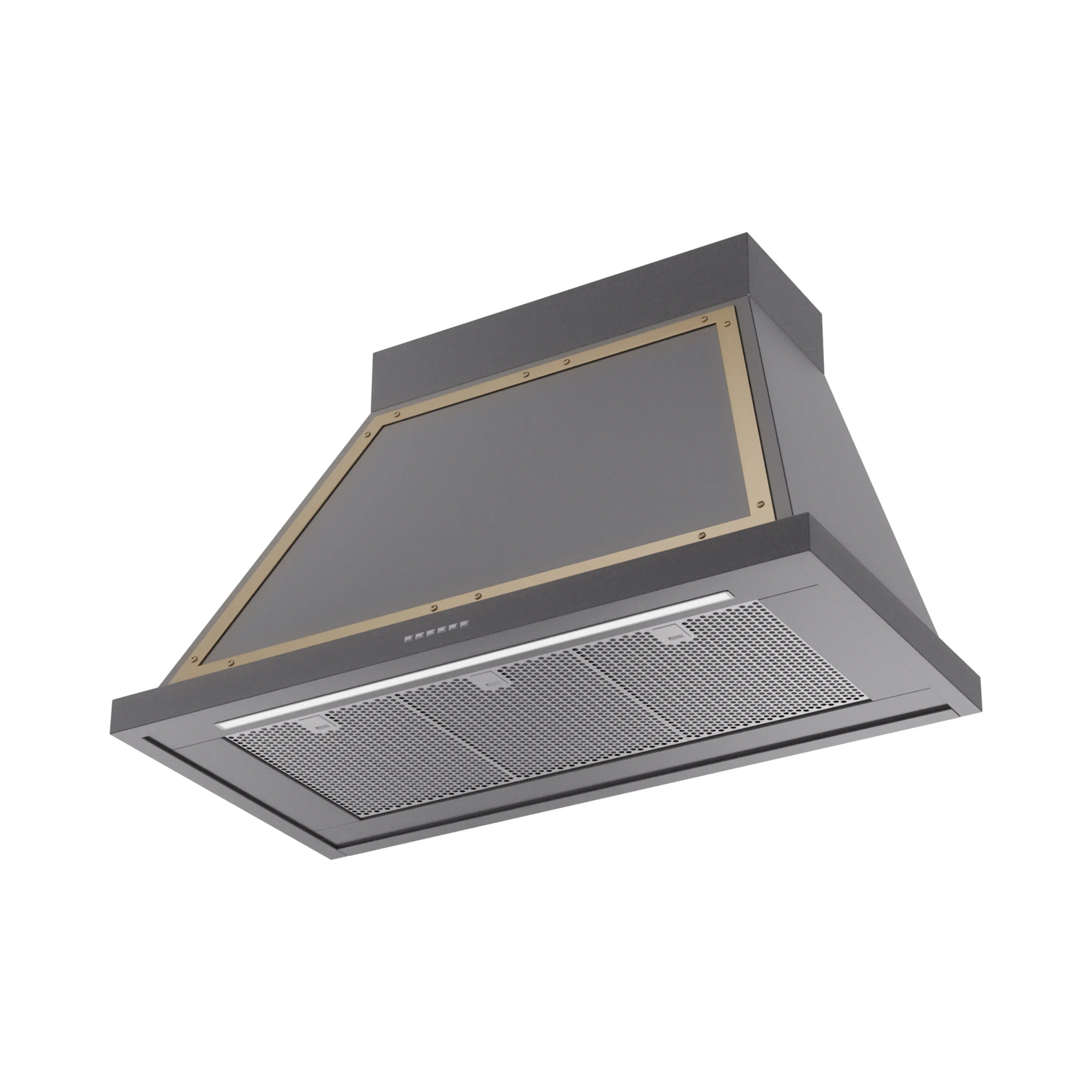 Graphite matte wall range hood with brass-trimmed canopy and mesh filter