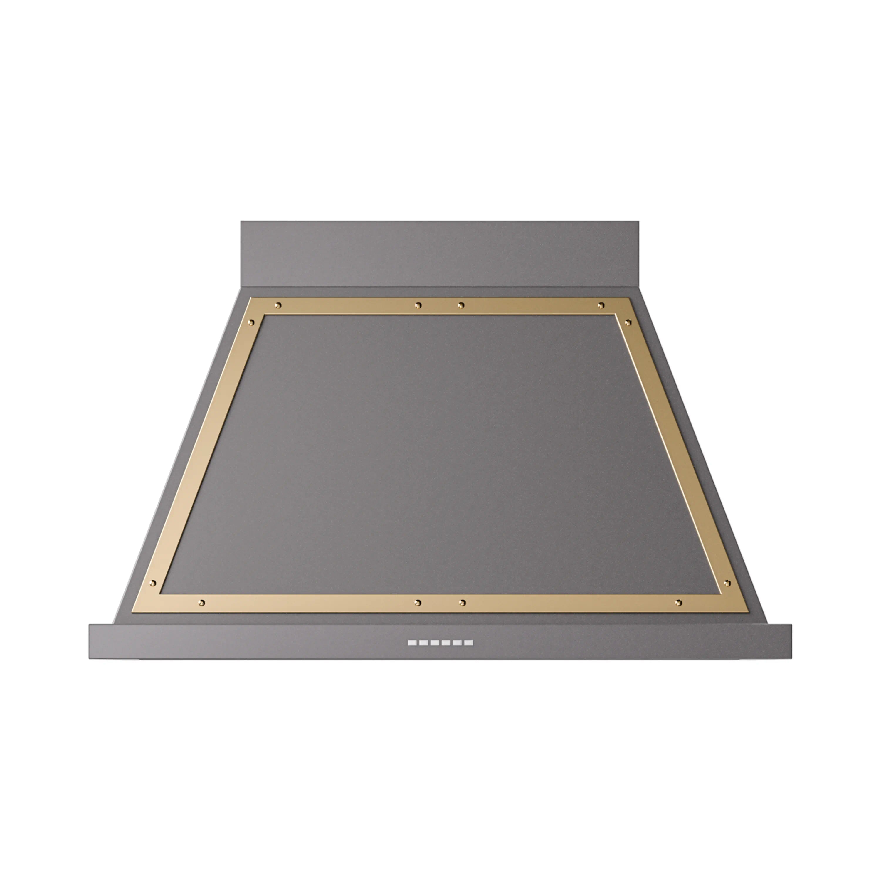 Graphite matte wall range hood with brass-trimmed canopy and top vent panel