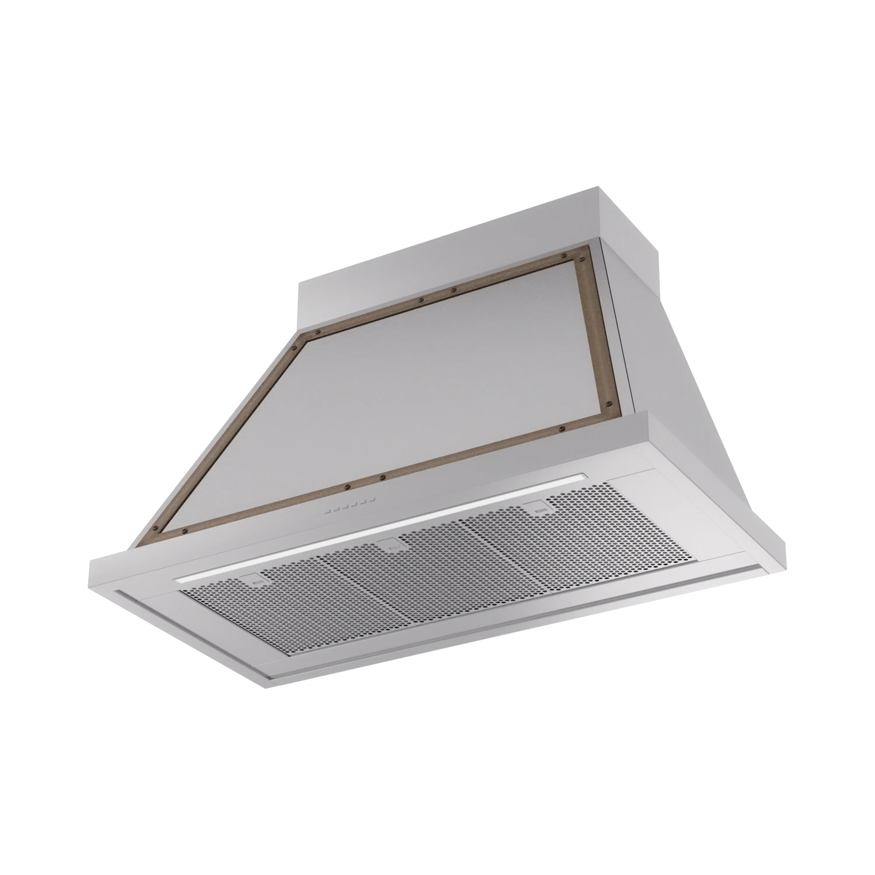 Wall range hood with stainless body, bronze frame, and metal filter grid.