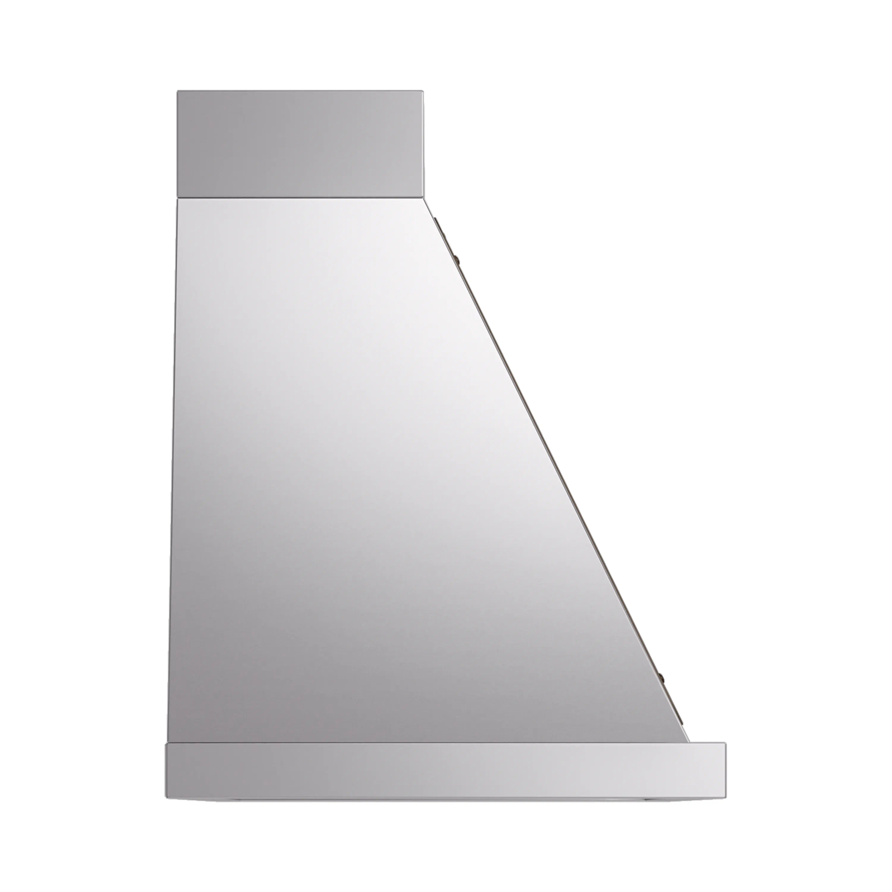 Stainless steel wall range hood with angled chimney and bronze-trim accent.