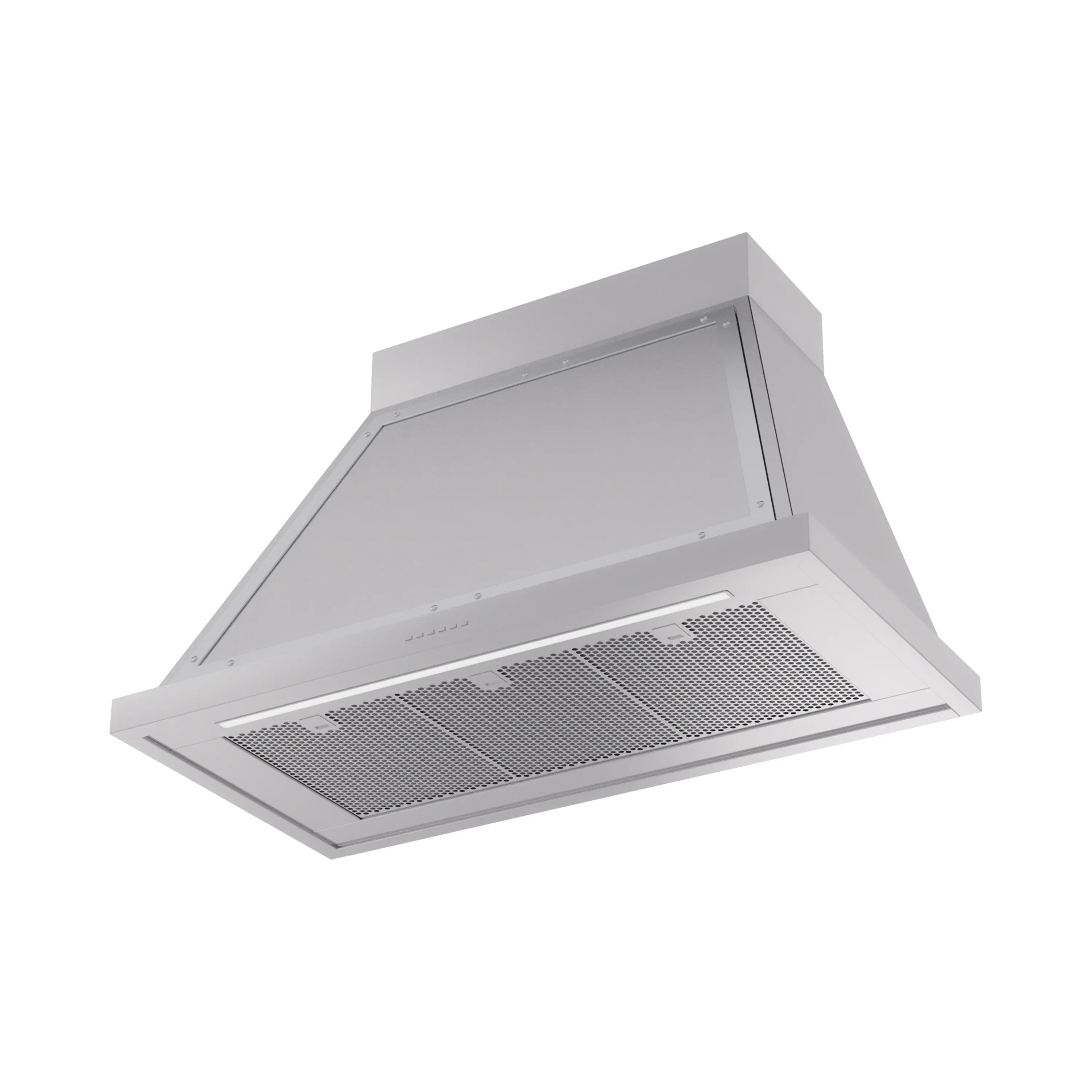 Stainless steel wall range hood with mesh grease filter under slanted canopy