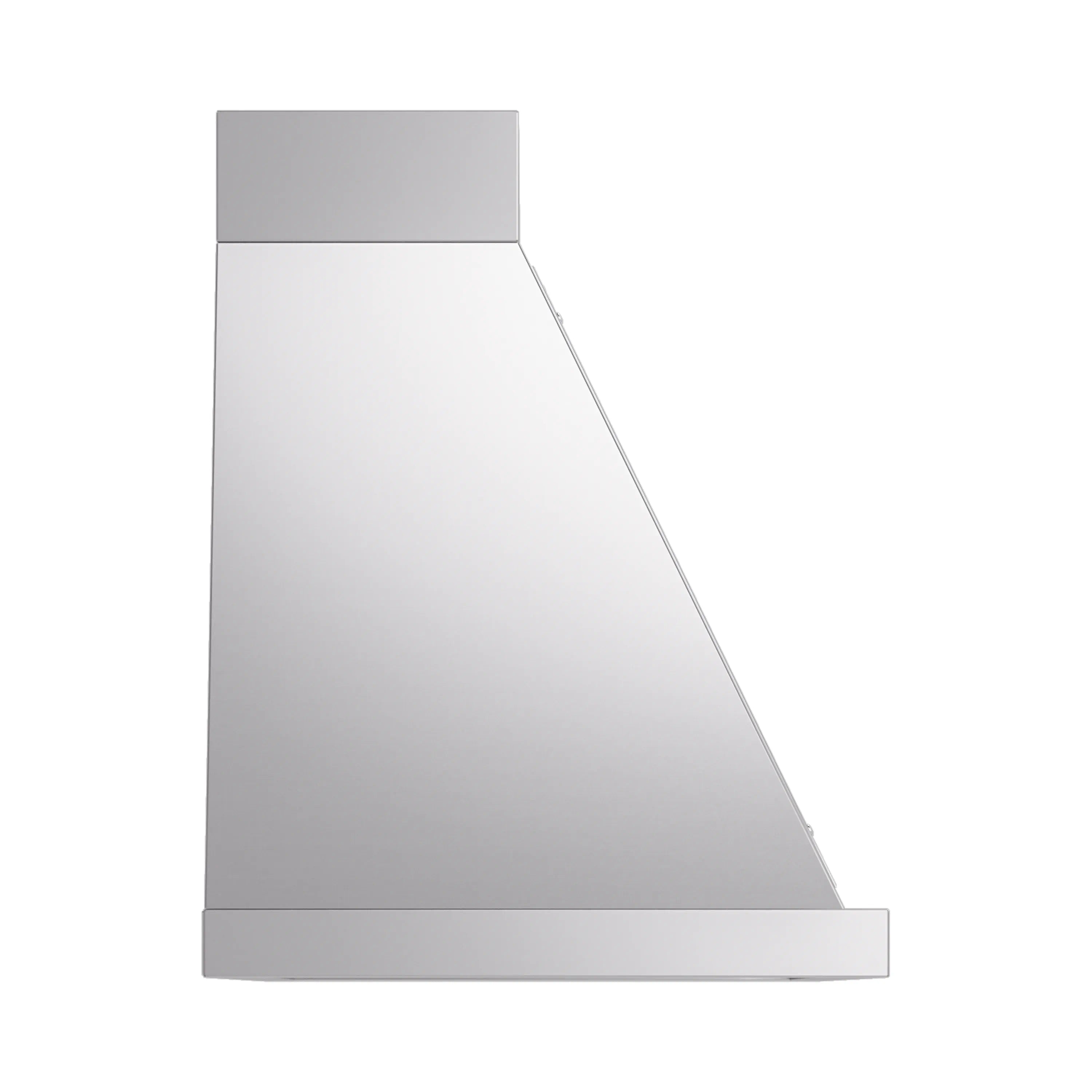Stainless steel wall-mounted range hood with sloped chimney panel and chrome trim