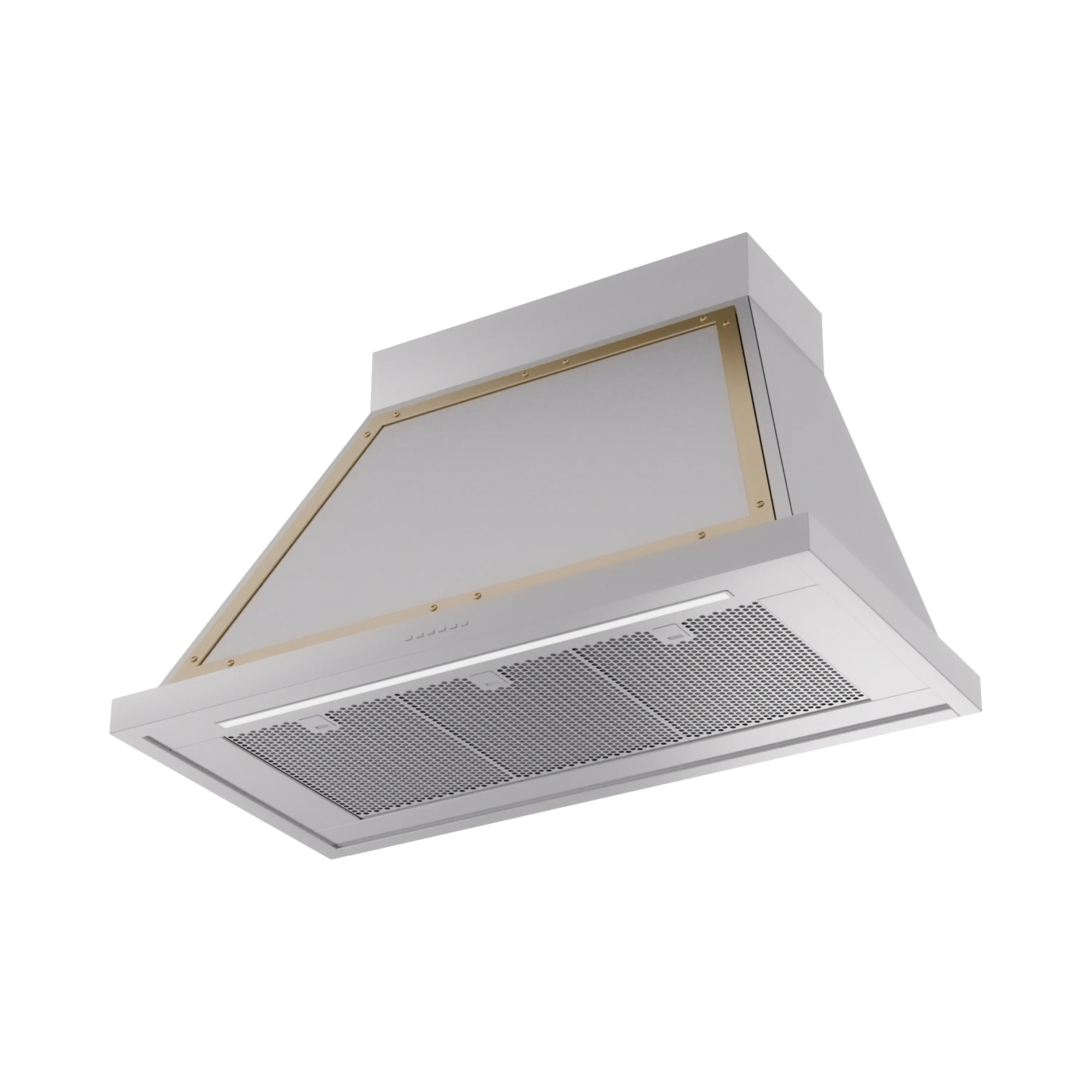 Stainless steel wall range hood with brass-trim frame and vented filter panels