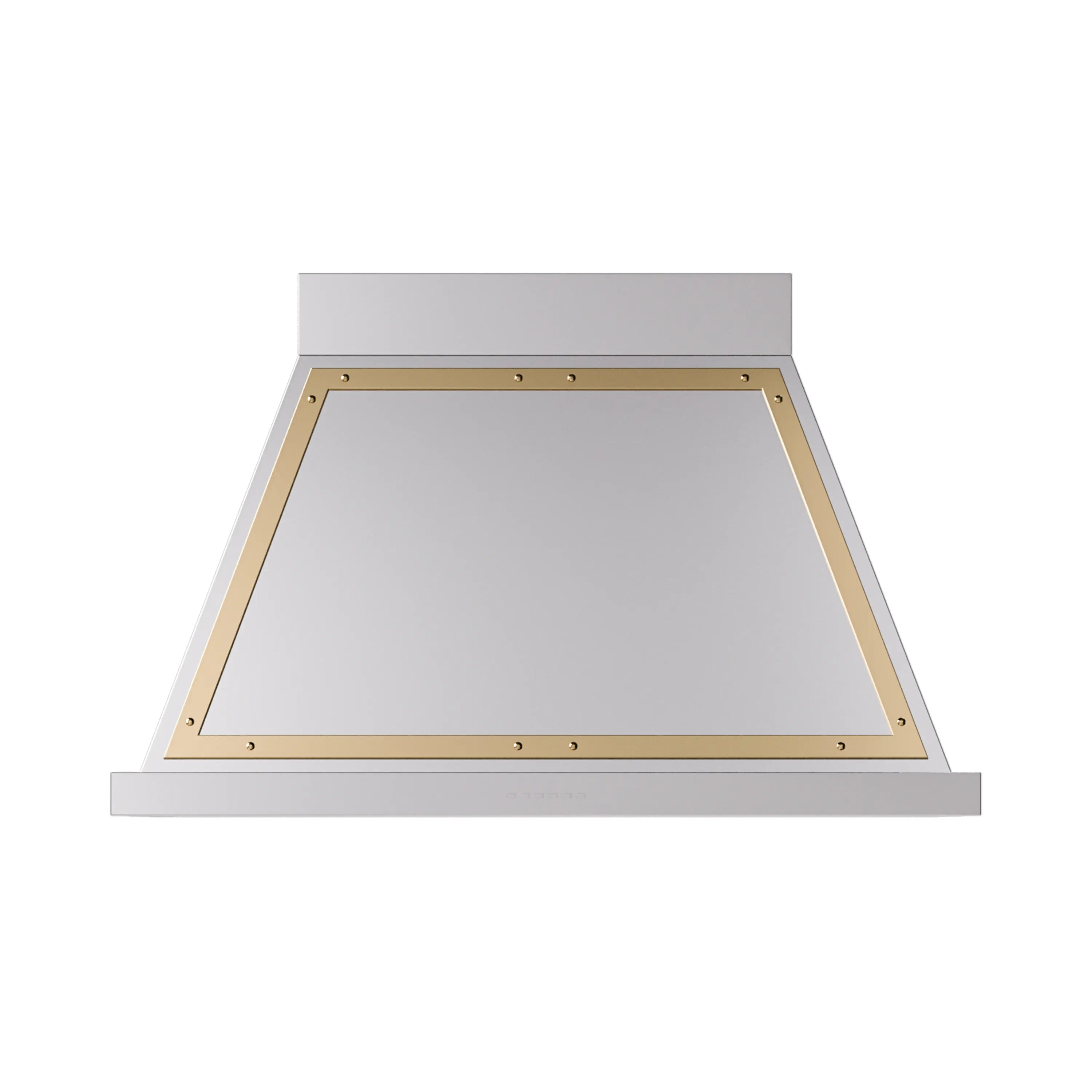 Wall-mounted range hood with stainless body and brass-trimmed underside opening