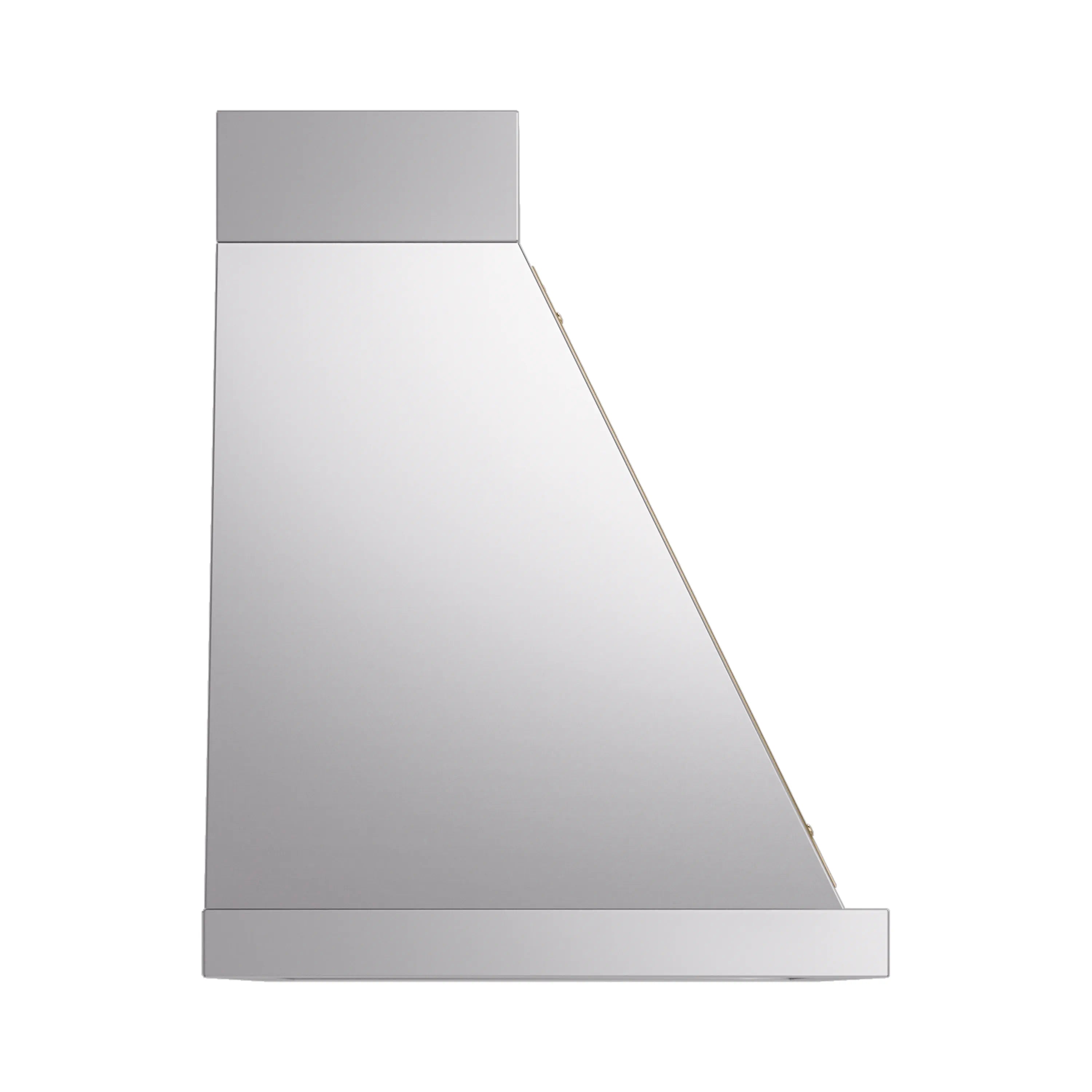 Stainless steel wall range hood with angled chimney and brass-trim edge
