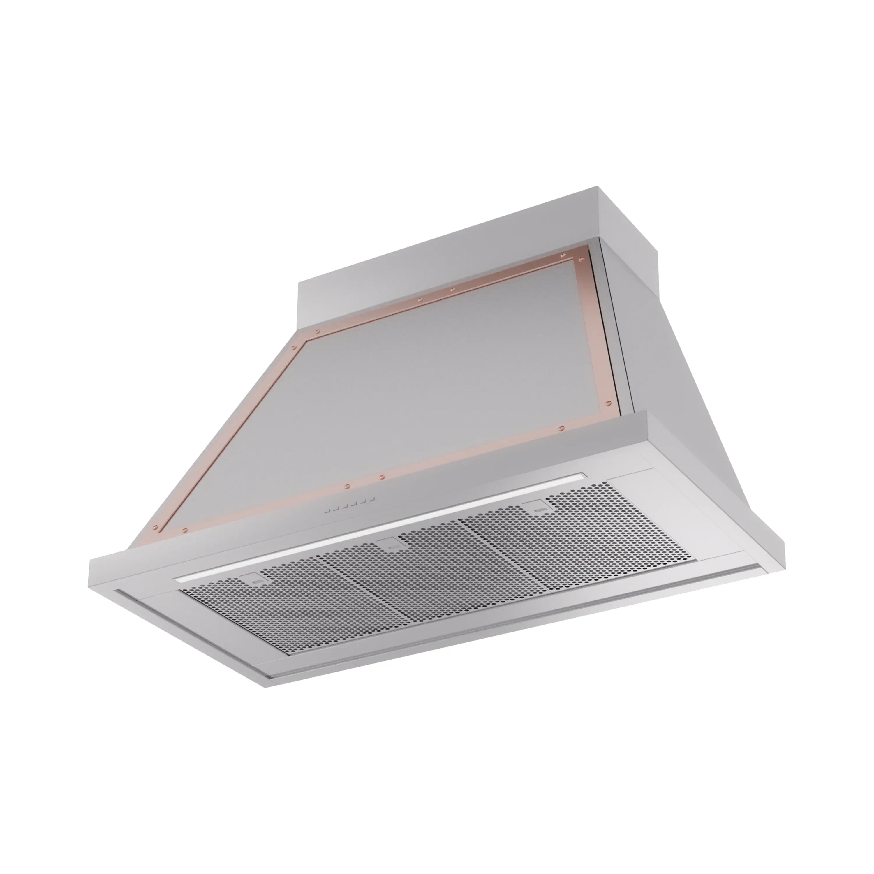 Stainless steel wall range hood with copper trim and front mesh grease filter
