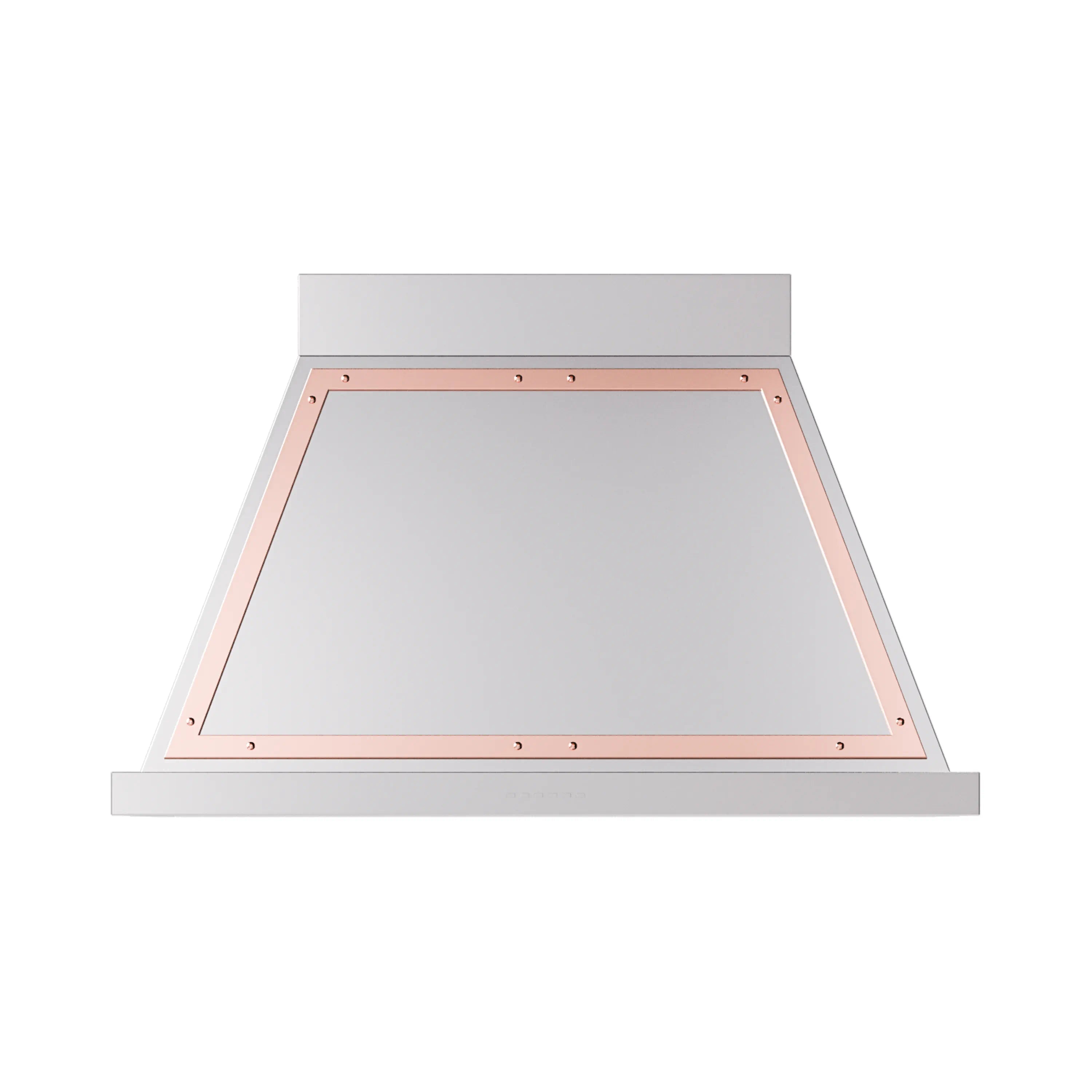 Stainless steel wall range hood with copper-trimmed underside panels