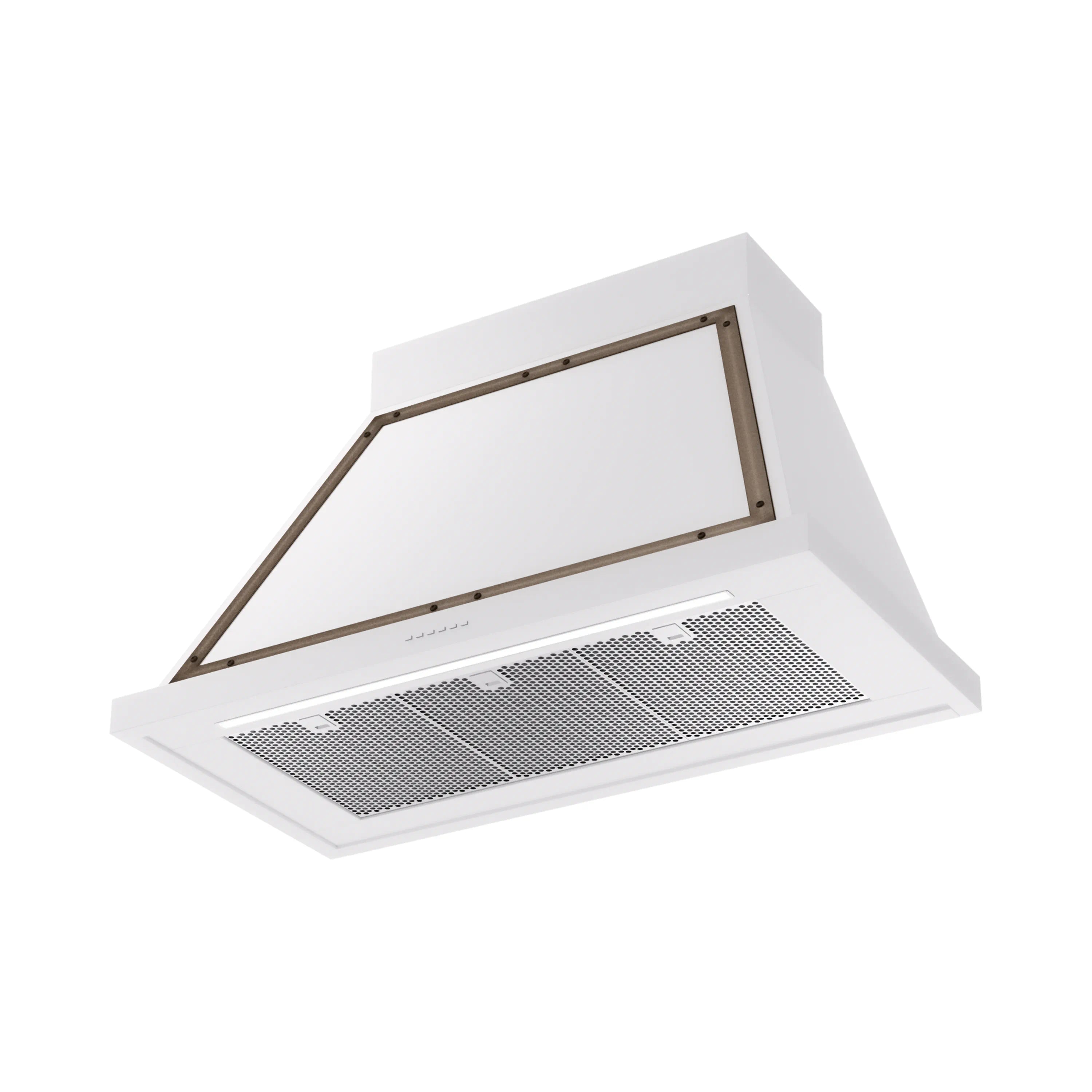 White wall range hood with bronze-trimmed glass panel and two front vent filters
